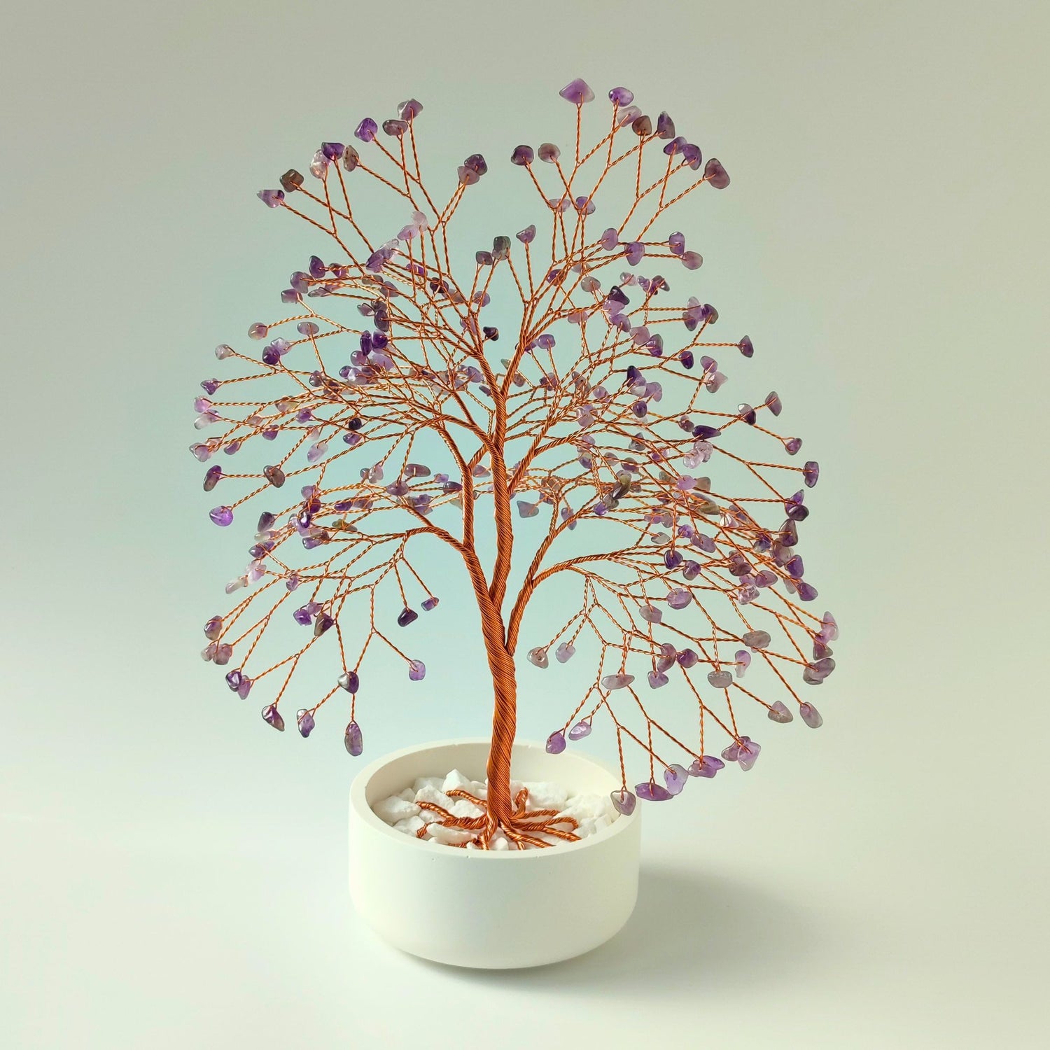Handmade 280 amethyst crystal copper large tree with white ceramic bowl – front view showing full shape and design