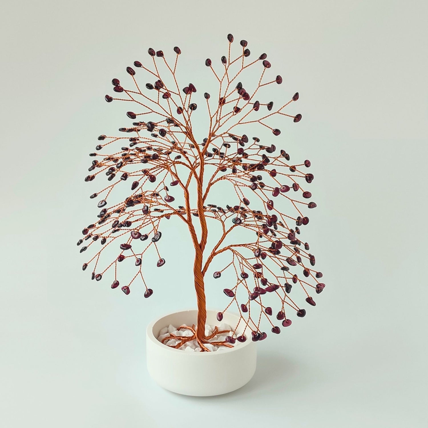 Handmade 280 garnet copper large tree with white ceramic bowl – front view showing full shape and design