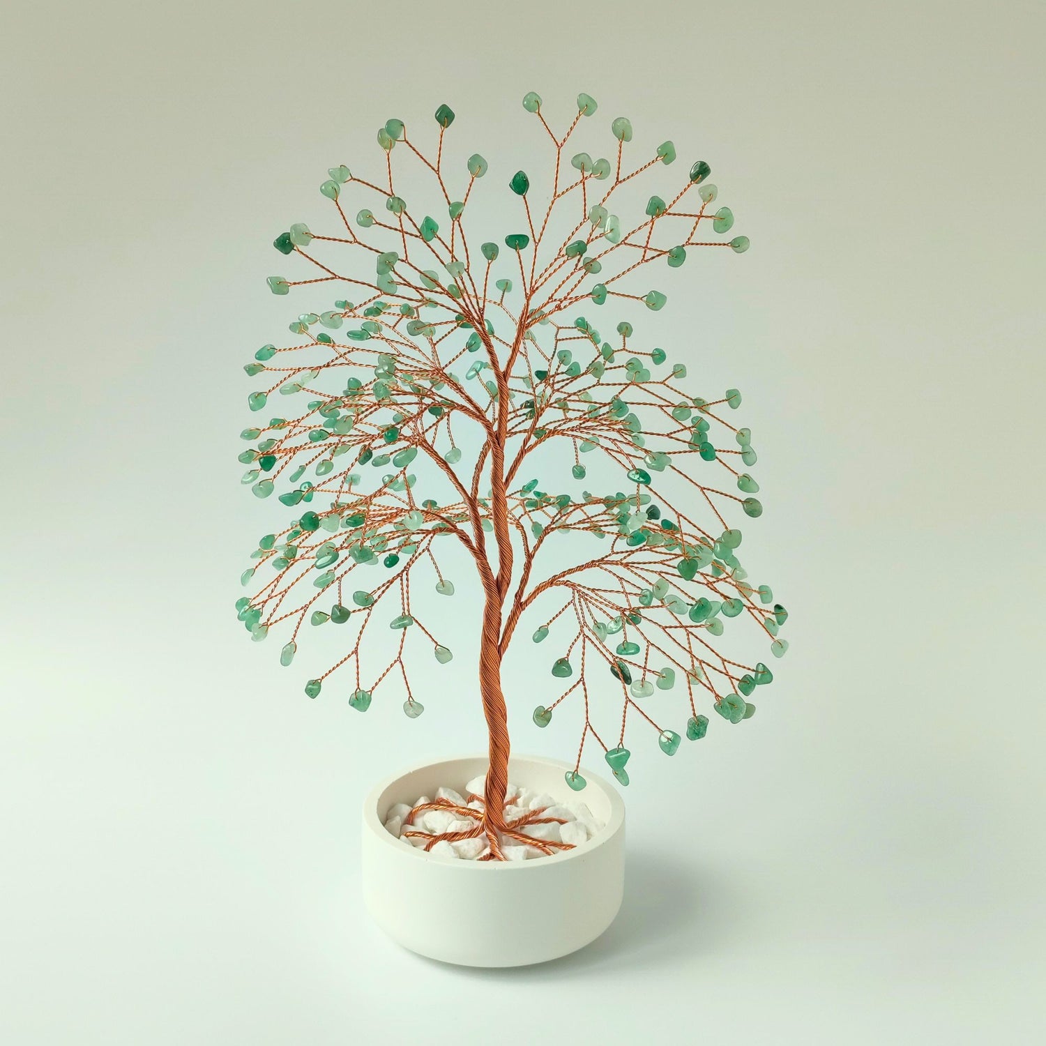 Handmade 280 green aventurine copper large tree with white ceramic bowl – front view showing full shape and design