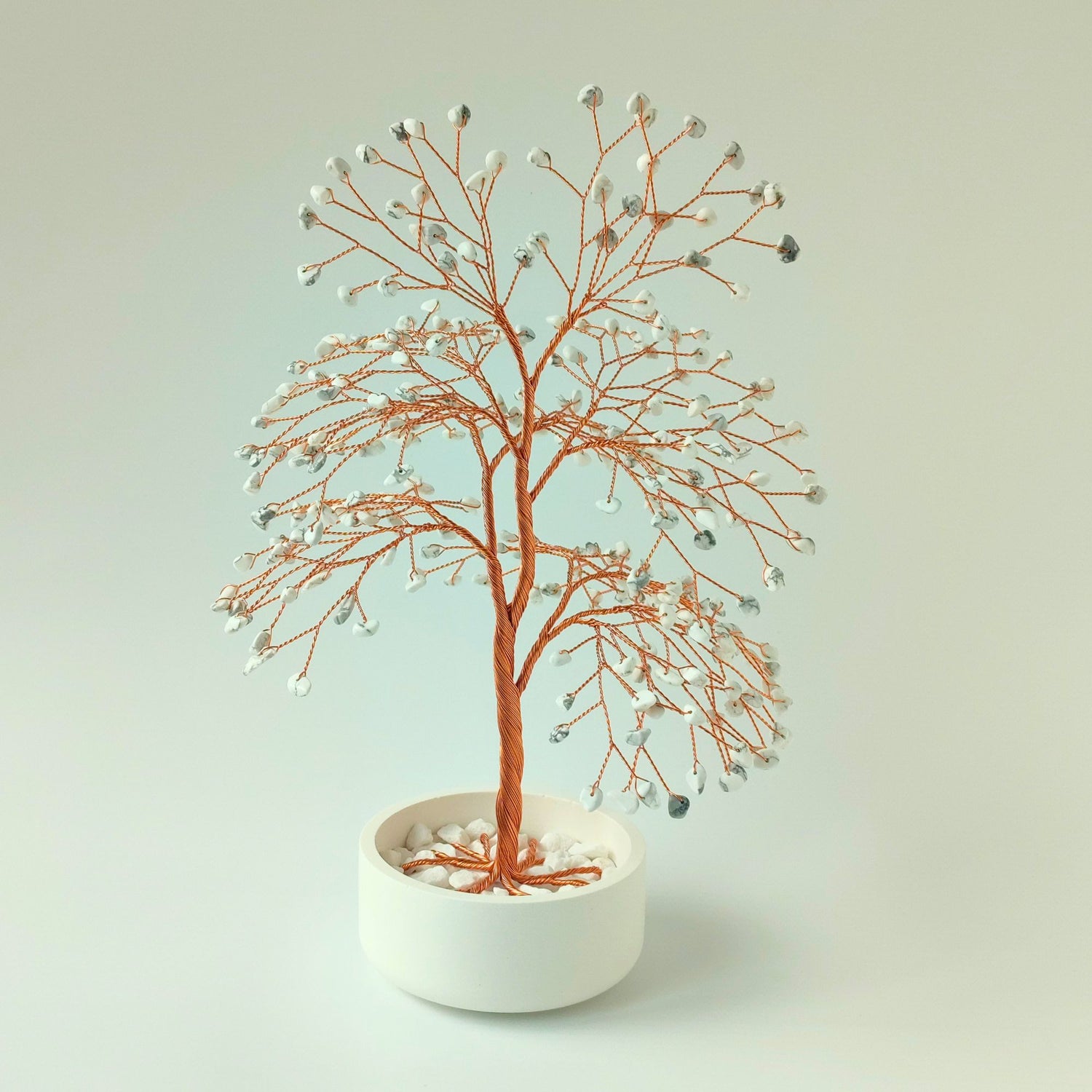 Handmade 280 howlite copper large tree with white ceramic bowl – front view showing full shape and design