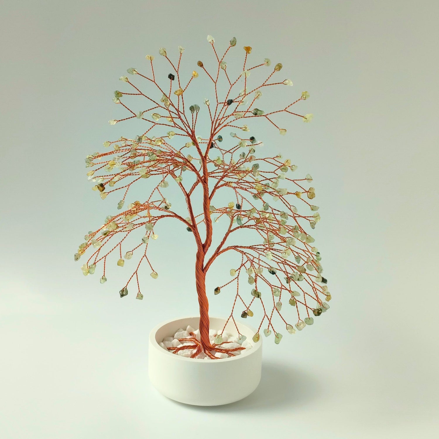 Handmade 280 prehnite copper large tree with white ceramic bowl – front view showing full shape and design