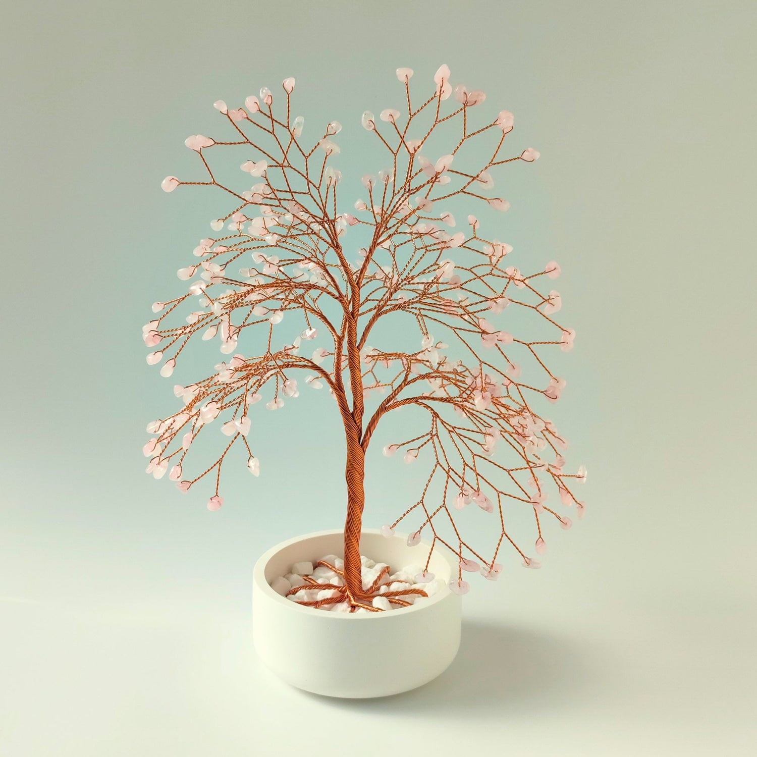 Handmade 280 rose quartz copper large tree with white ceramic bowl – front view showing full shape and design