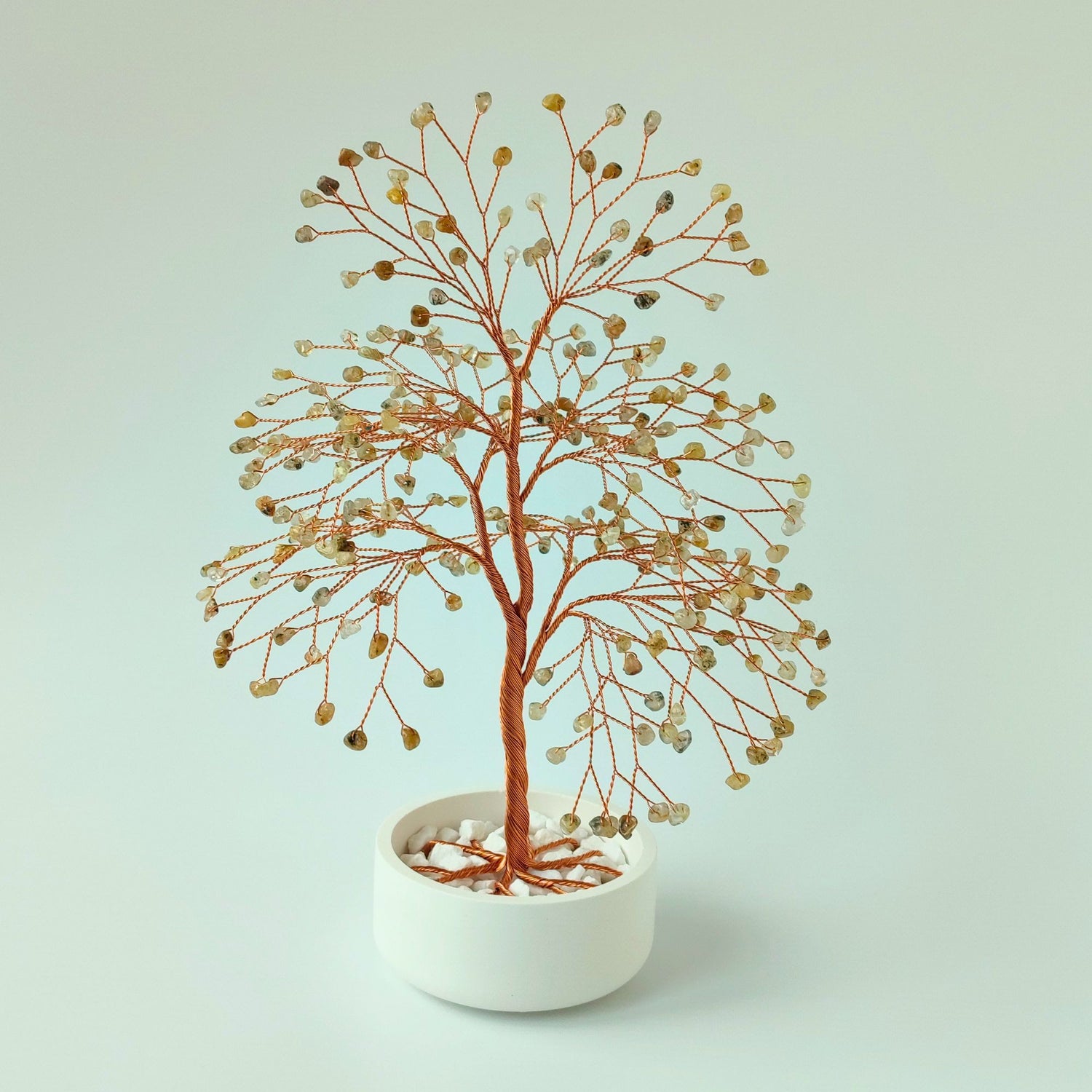 Handmade 280 rutilated quartz copper large tree with white ceramic bowl – front view showing full shape and design