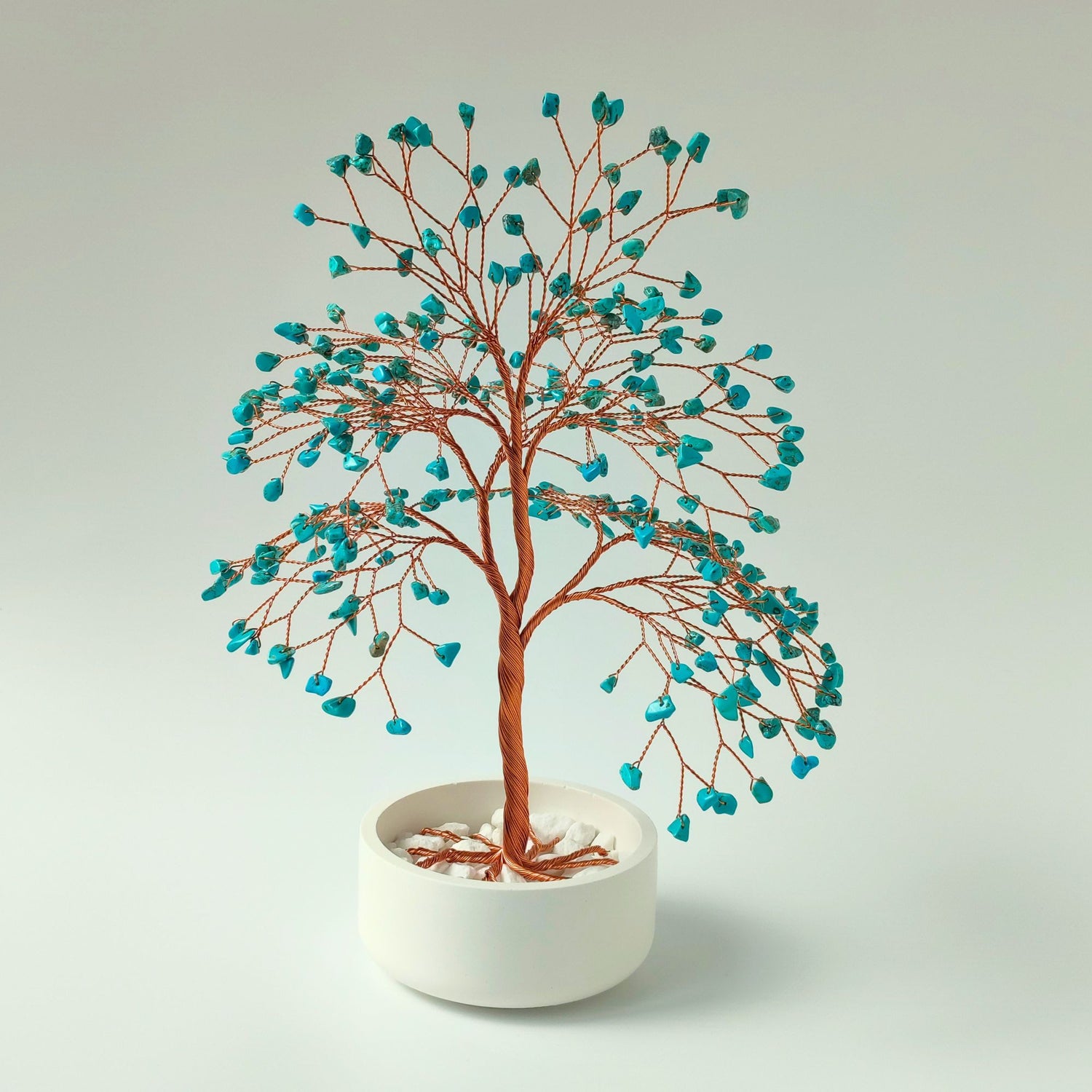 Handmade 280 turquoise copper large tree with white ceramic bowl – front view showing full shape and design