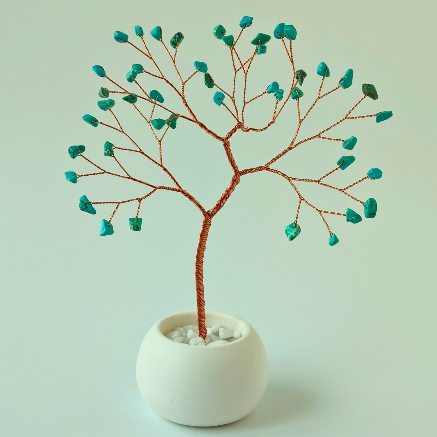 Albero in Rame con Turchese e Vaso Ceramico | Regalo Pietra Nascita Dicembre | Scultura Artigianale per Lei