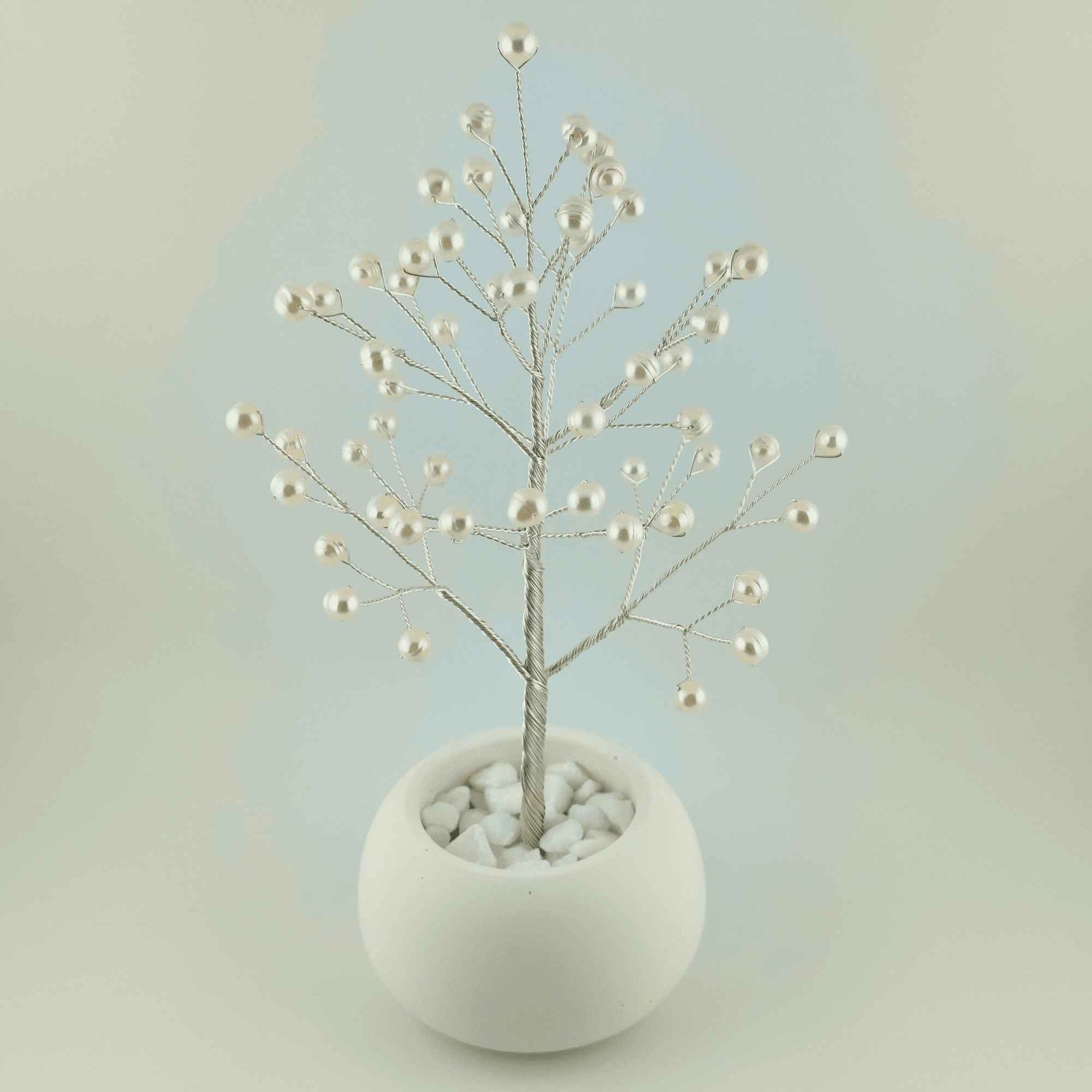 White Pearl Tree – Handmade Anniversary Gift for Her, Silver-Plated Copper Wire Art in Ceramic Bowl
