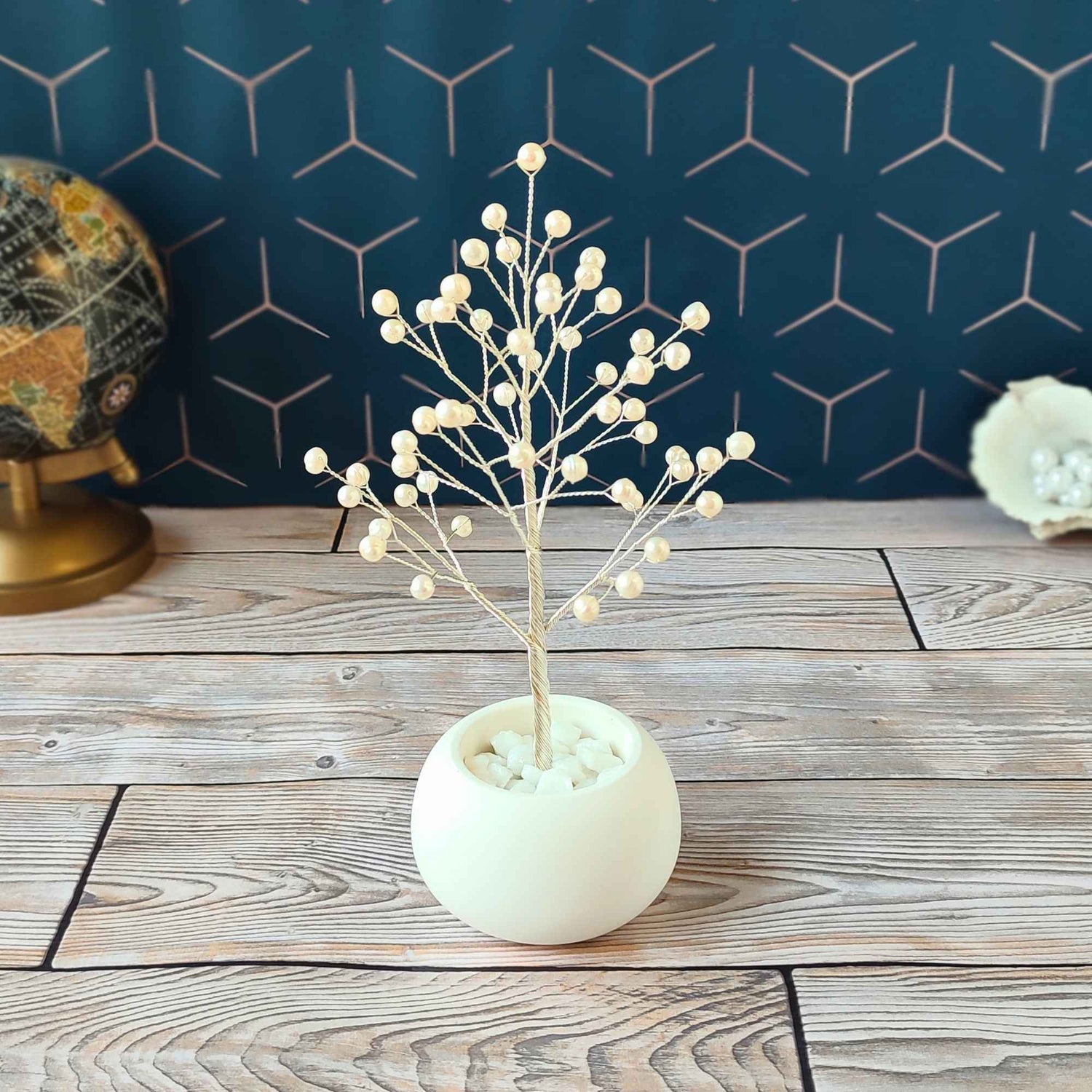 White Pearl Tree – Handmade Anniversary Gift for Her, Silver-Plated Copper Wire Art in Ceramic Bowl