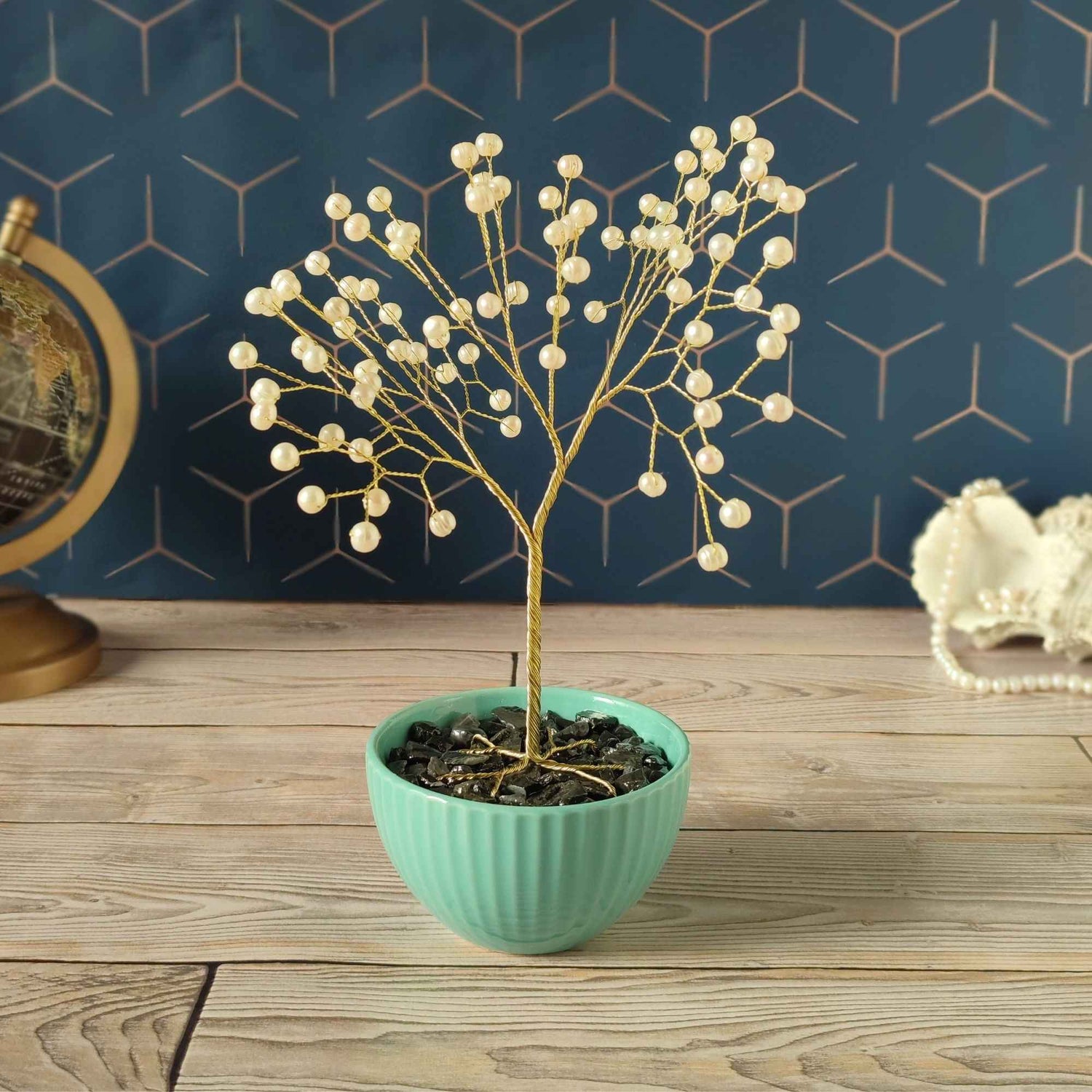 Goudverzilverde Draadboom met Parels – 50-jarig Jubileumcadeau | Gouden Bruiloft Sculptuur | Handgemaakt Cadeau voor Ouders & Grootouders