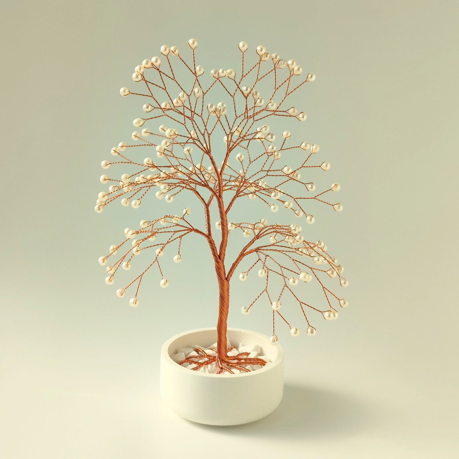 Handmade 180 pearls jewelry copper large tree with white ceramic bowl – front view showing full shape and design