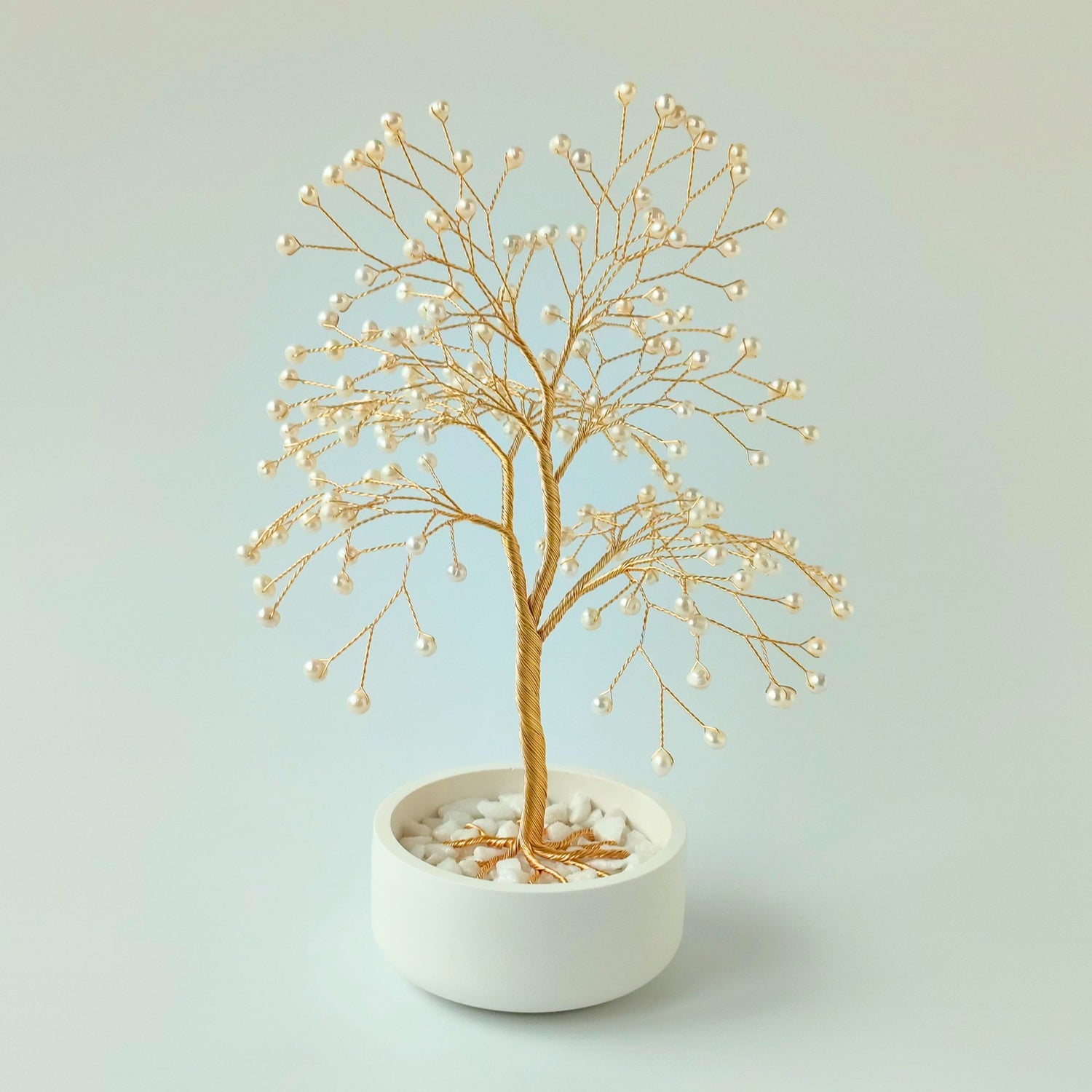 Handmade 180 pearls jewelry gold large tree with white ceramic bowl – front view showing full shape and design