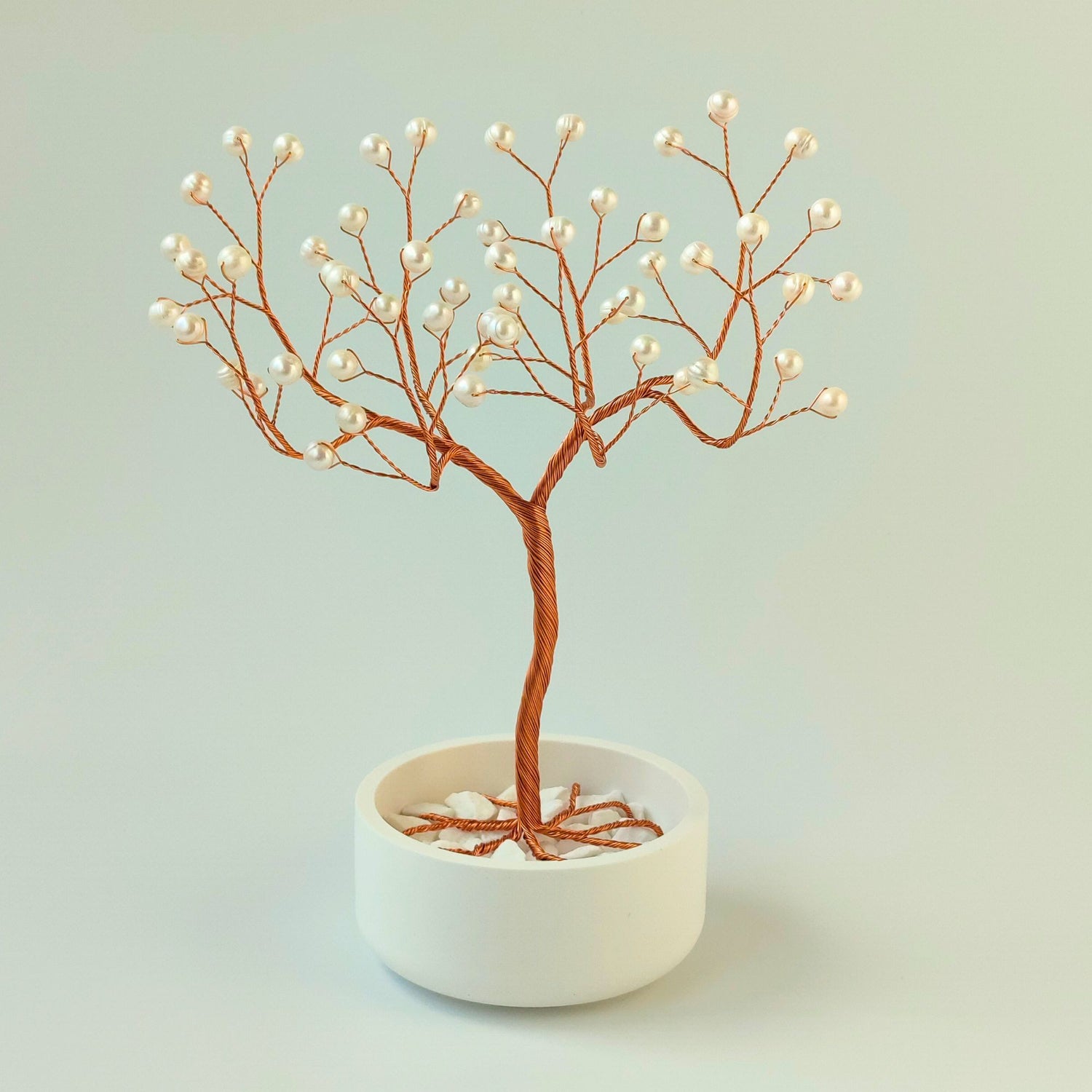Handmade 54 pearls jewelry copper elegant tree with white ceramic bowl – front view showing full shape and design