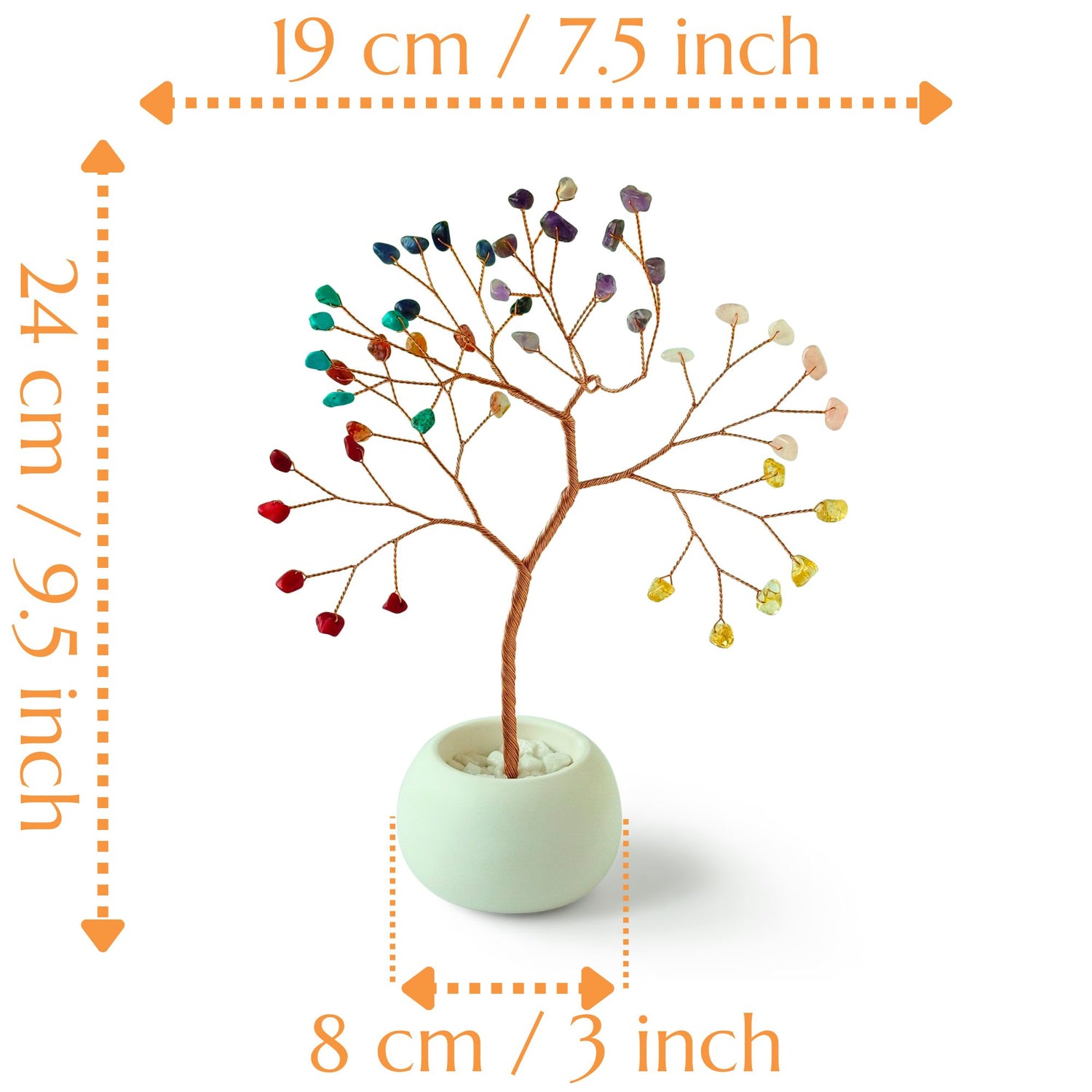 7 Chakra Lebensbaum – Edelstein-Kupferbaum in Keramikschale, Yoga-Dekor, Boho Meditationsgeschenk, Regenbogen-Chakra-Kunst