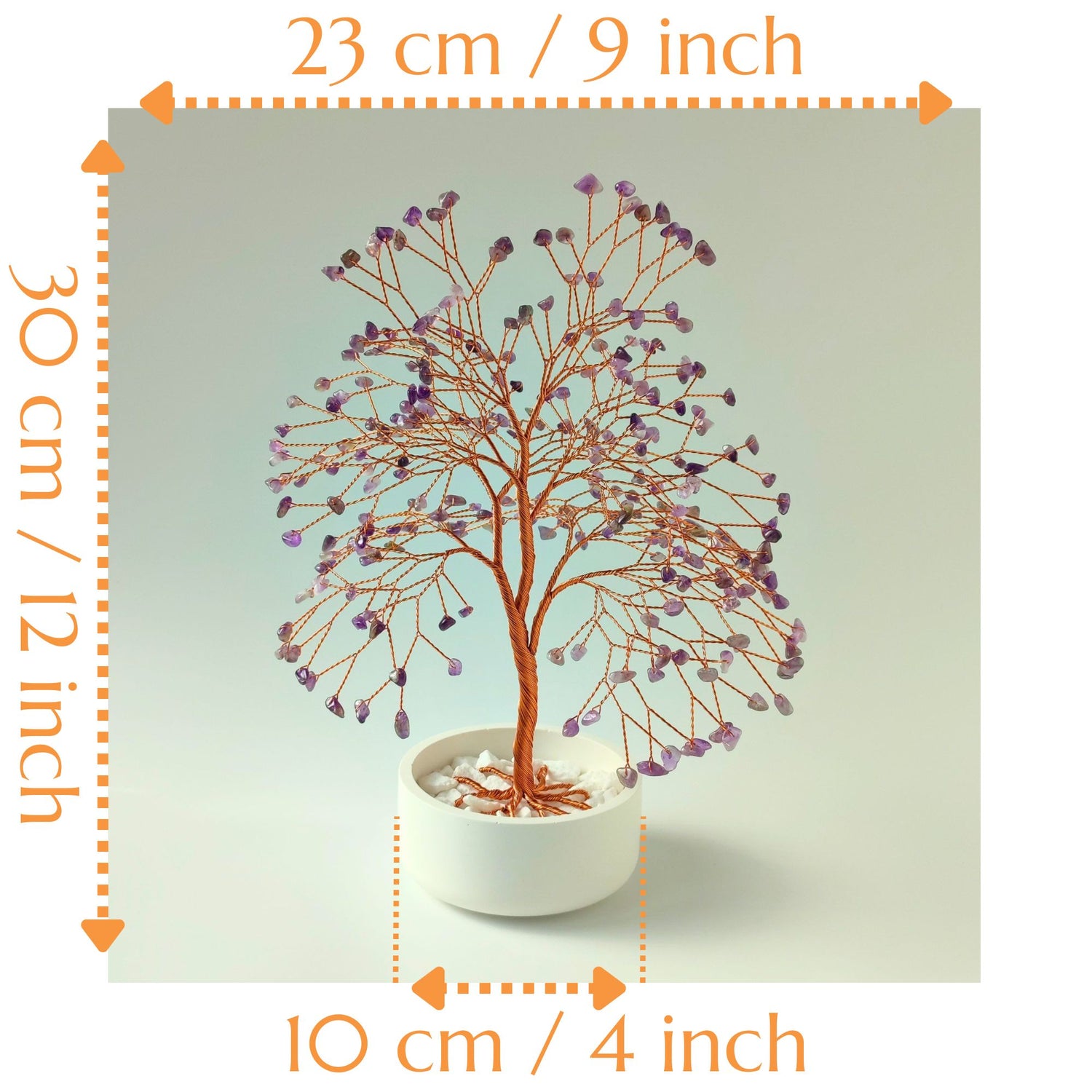 Dimensions of handmade amethyst crystal gemstone large copper tree – height 12 inch and width 9 inch