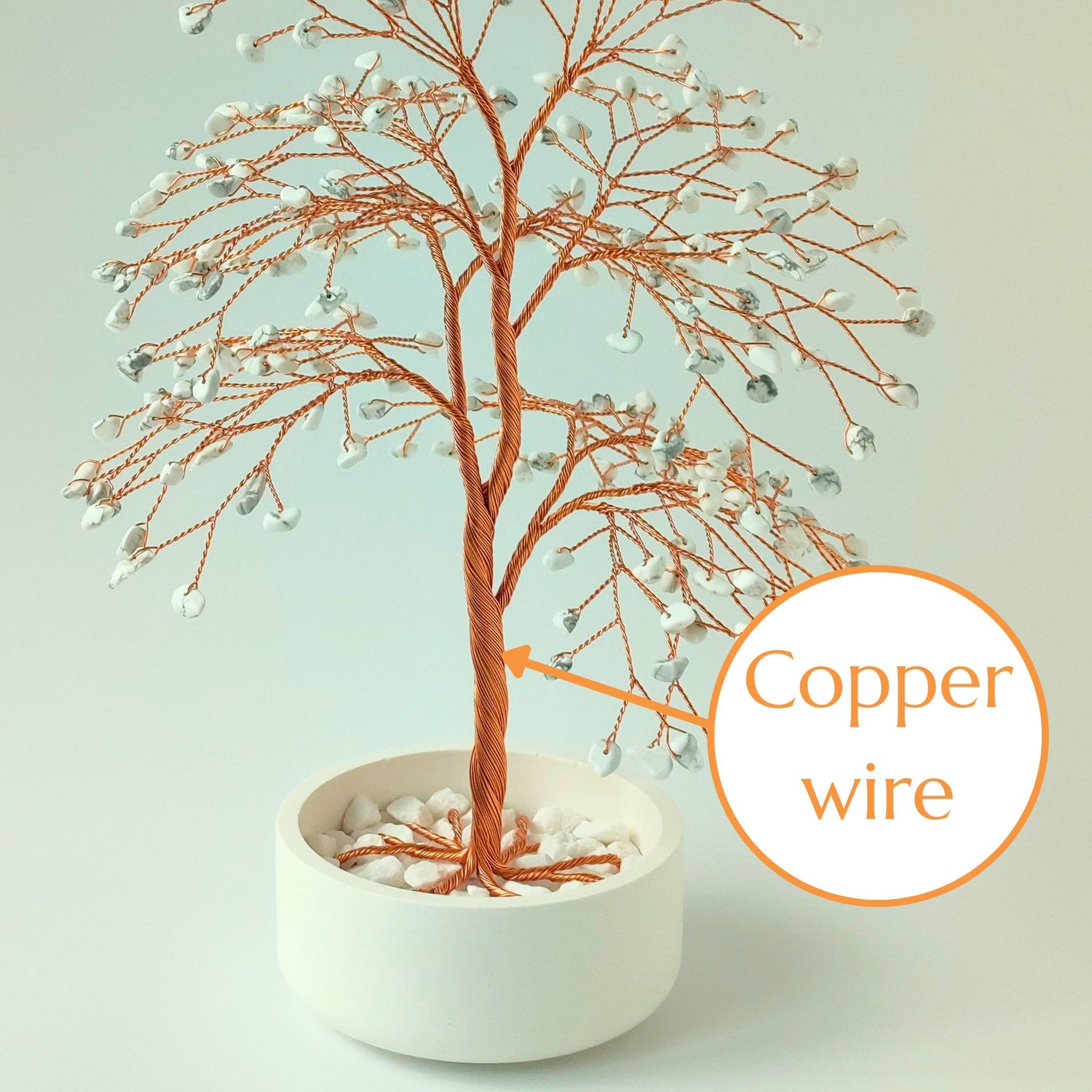 Strong copper wire trunk of handmade howlite gemstone large tree – close-up detail