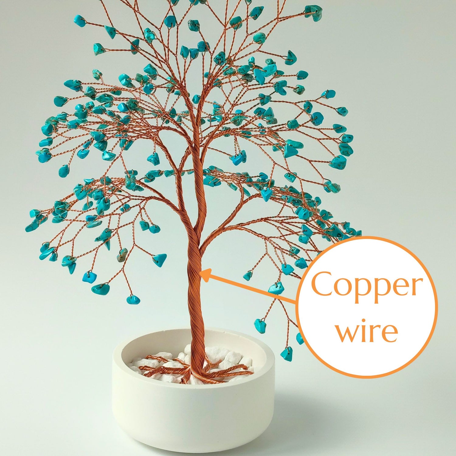 Strong copper wire trunk of handmade turquoise gemstone large tree – close-up detail