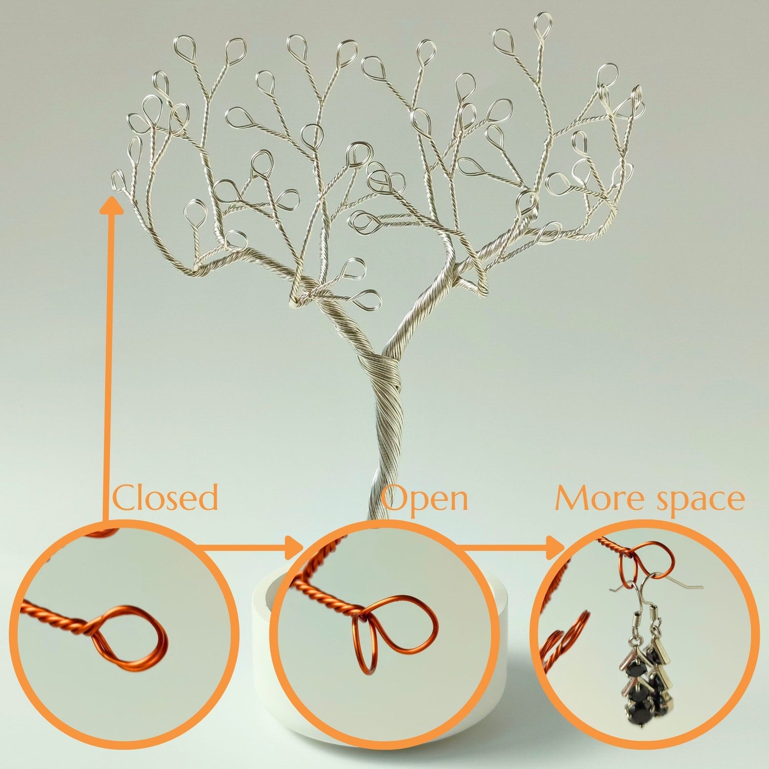 Flexible silver wire branches with double loops for hanging multiple pieces