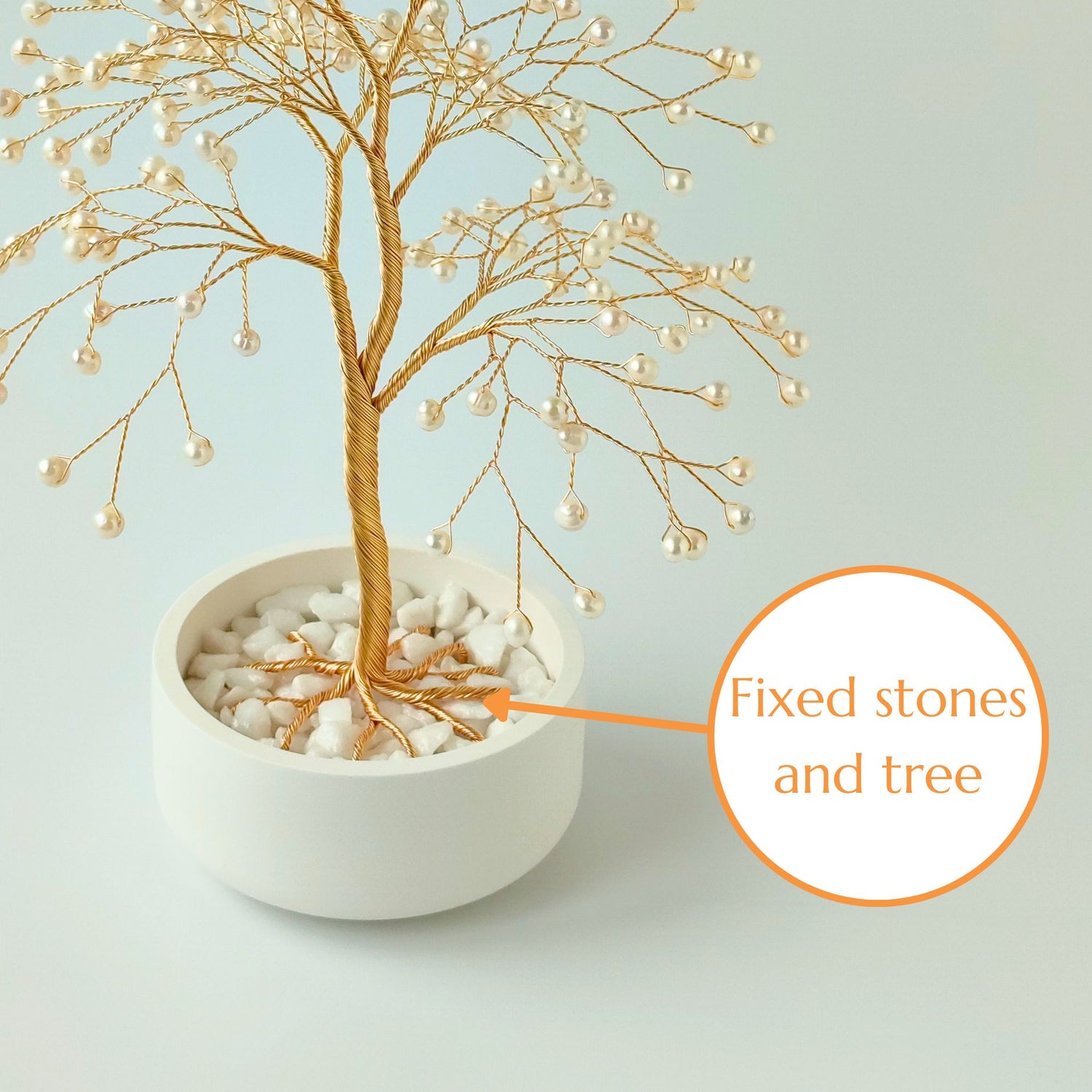 Fixed decorative stones and gold roots inside the ceramic bowl – secure base of pearl large tree