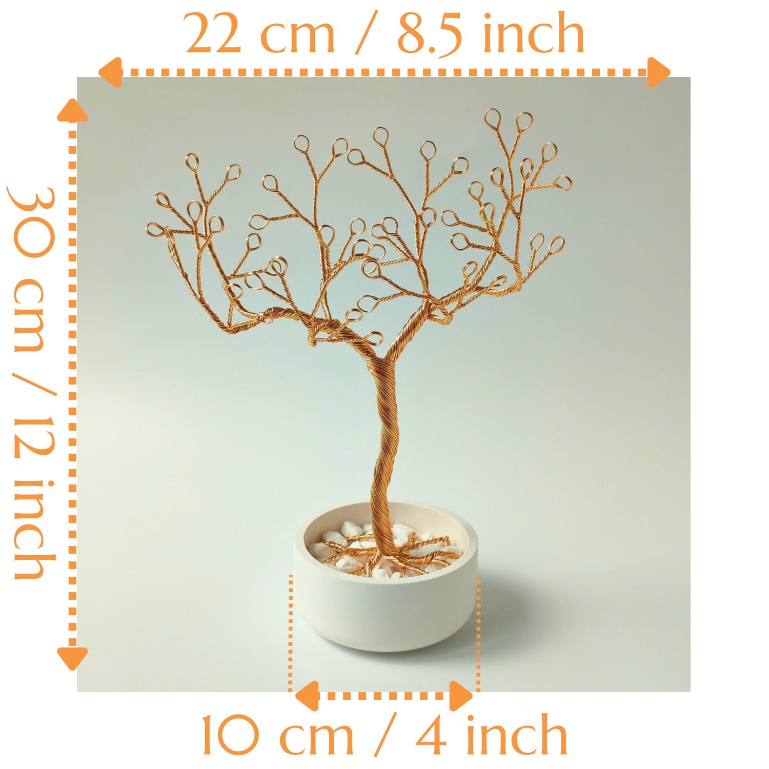 Gold jewelry tree stand size guide with height, width, and bowl with stones diameter