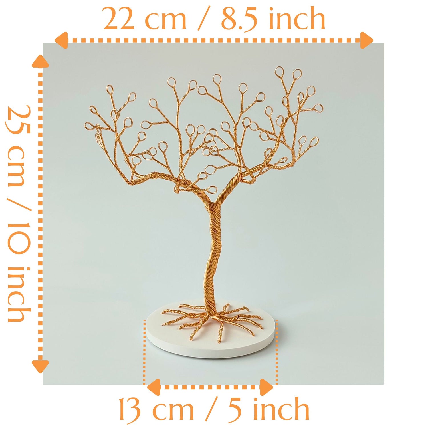 Gold jewelry tree stand with tray size guide with height, width and diameter