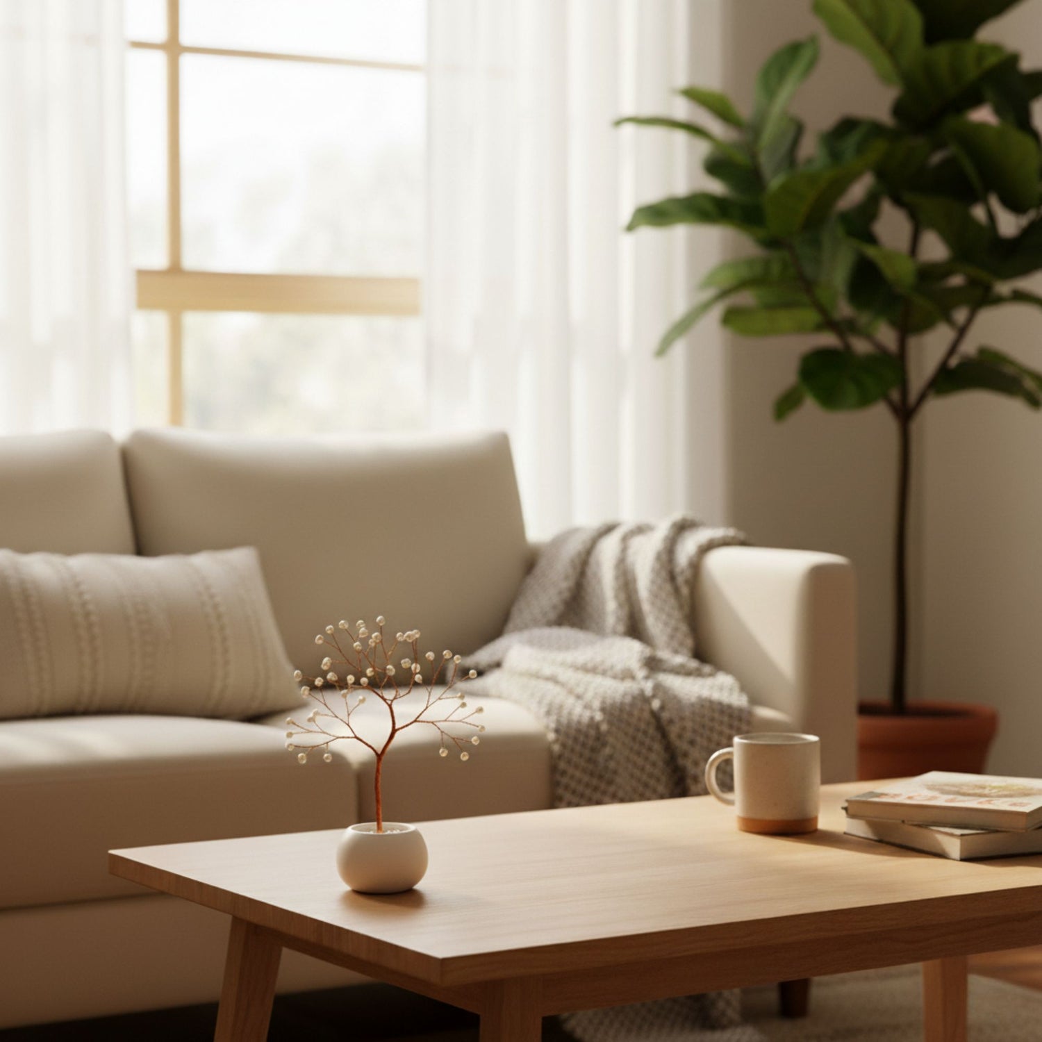 Luxury pearl copper tree with 46 freshwater pearls in ceramic bowl styled as modern home decoration in living room