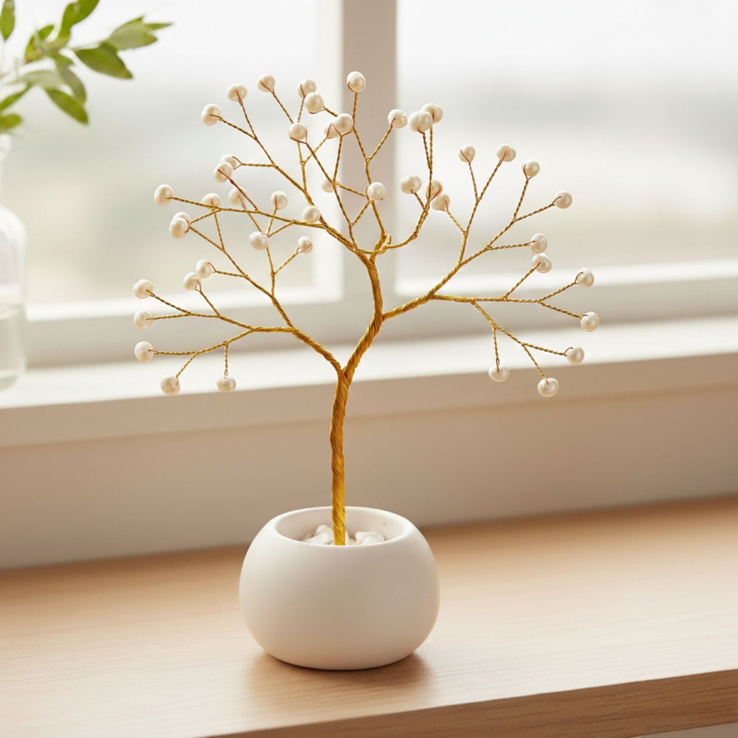 Handmade pearl jewelry tree with gilt wire and 46 pearls in white ceramic bowl – elegant home decor on table