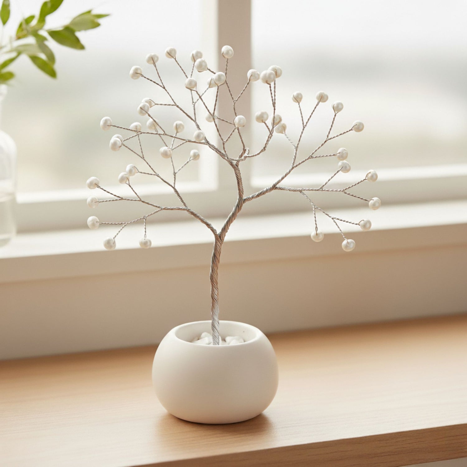 Handmade pearl jewelry tree with silver wire and 46 pearls in white ceramic bowl – elegant home decor on table