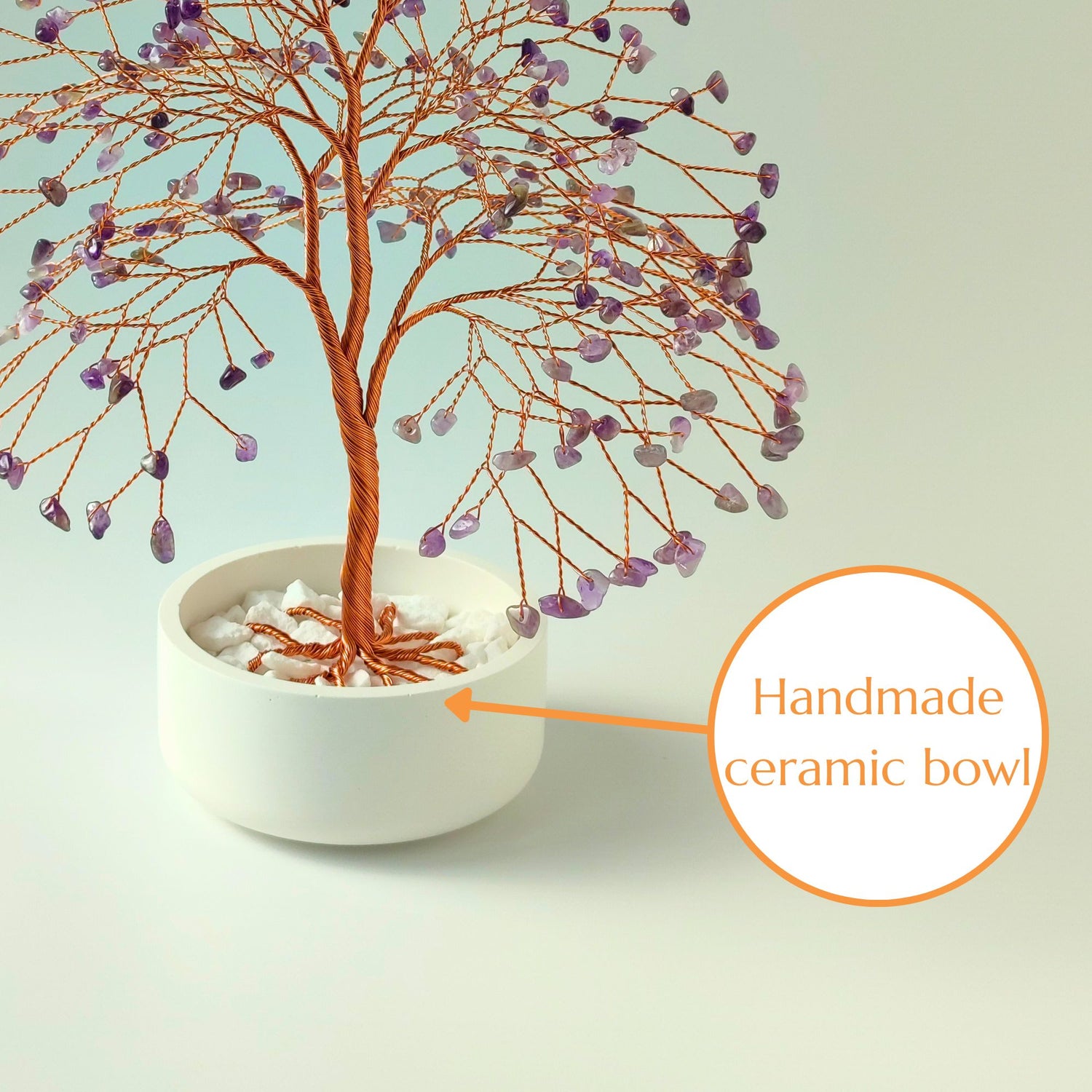 Glossy handmade ceramic bowl – white base for copper and amethyst crystal large tree sculpture