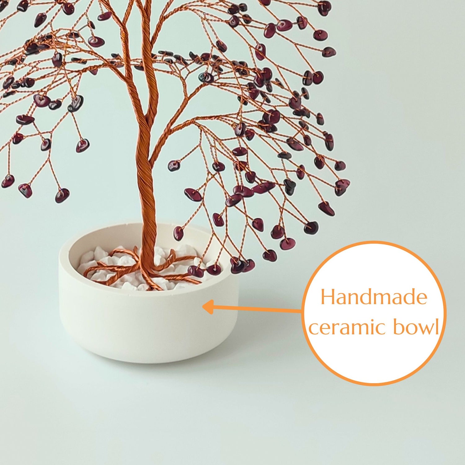 Glossy handmade ceramic bowl – white base for copper and garnet large tree sculpture
