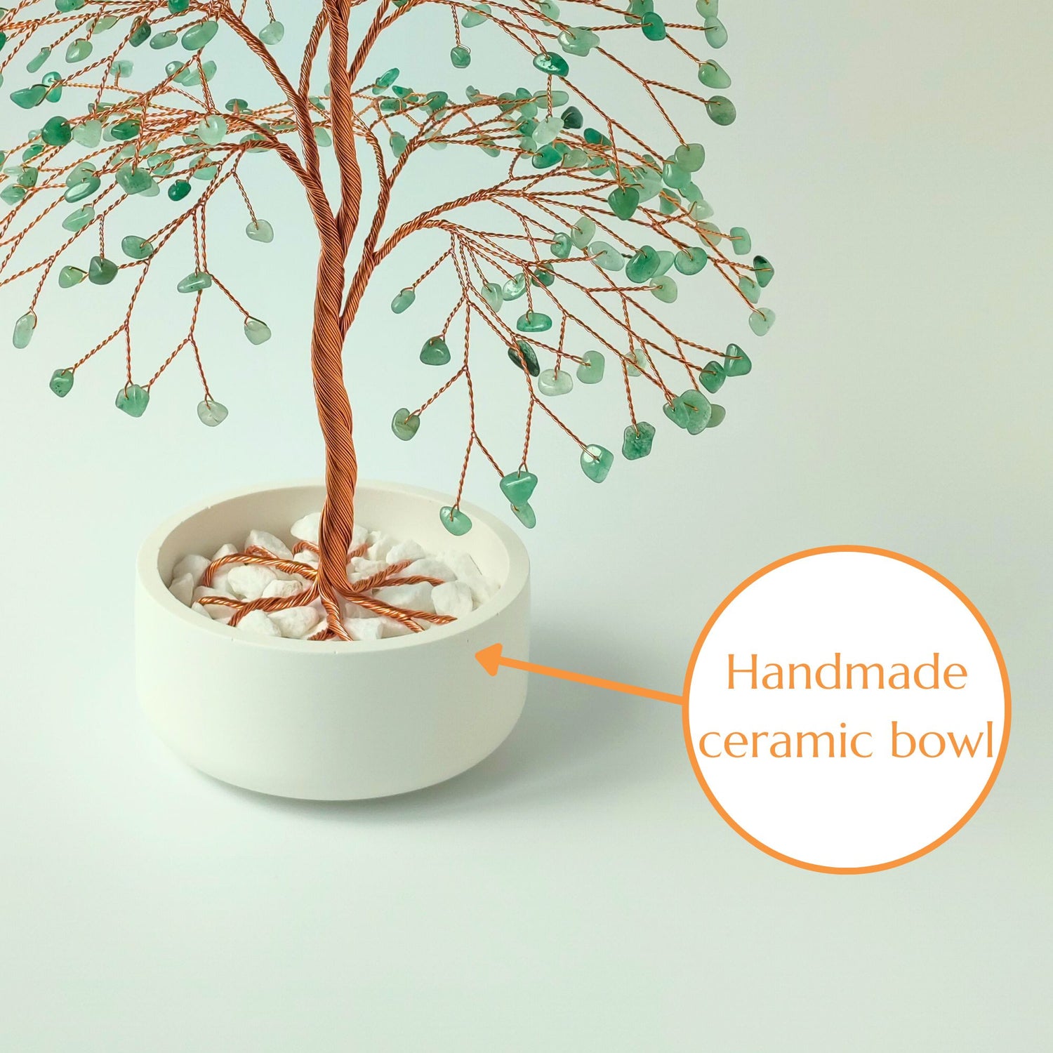 Glossy handmade ceramic bowl – white base for copper and green aventurine large tree sculpture