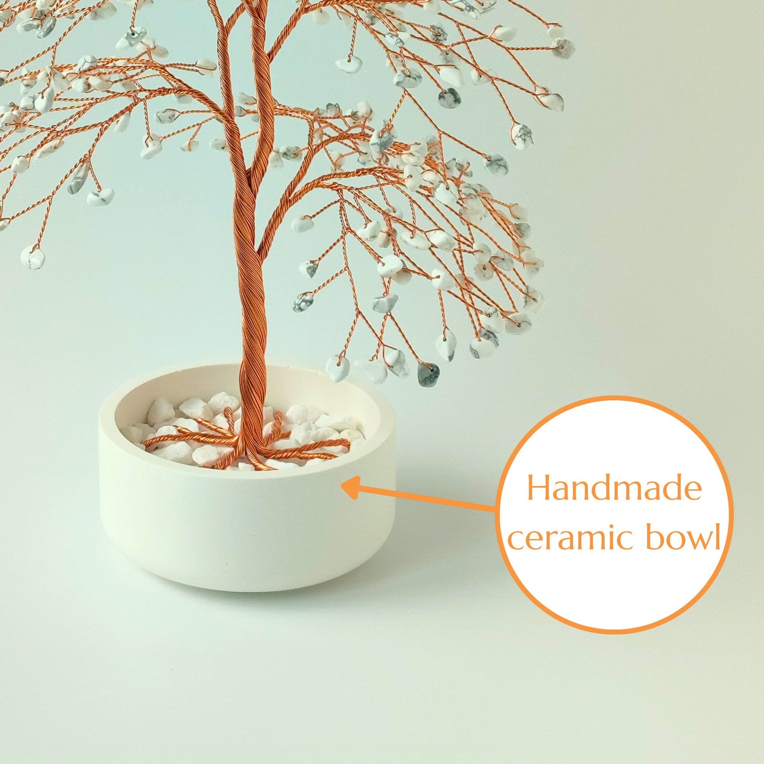 Glossy handmade ceramic bowl – white base for copper and howlite large tree sculpture