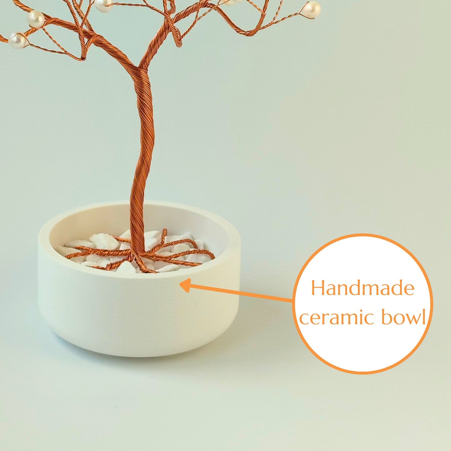 Glossy handmade ceramic bowl – white base for copper and pearl elegant tree sculpture