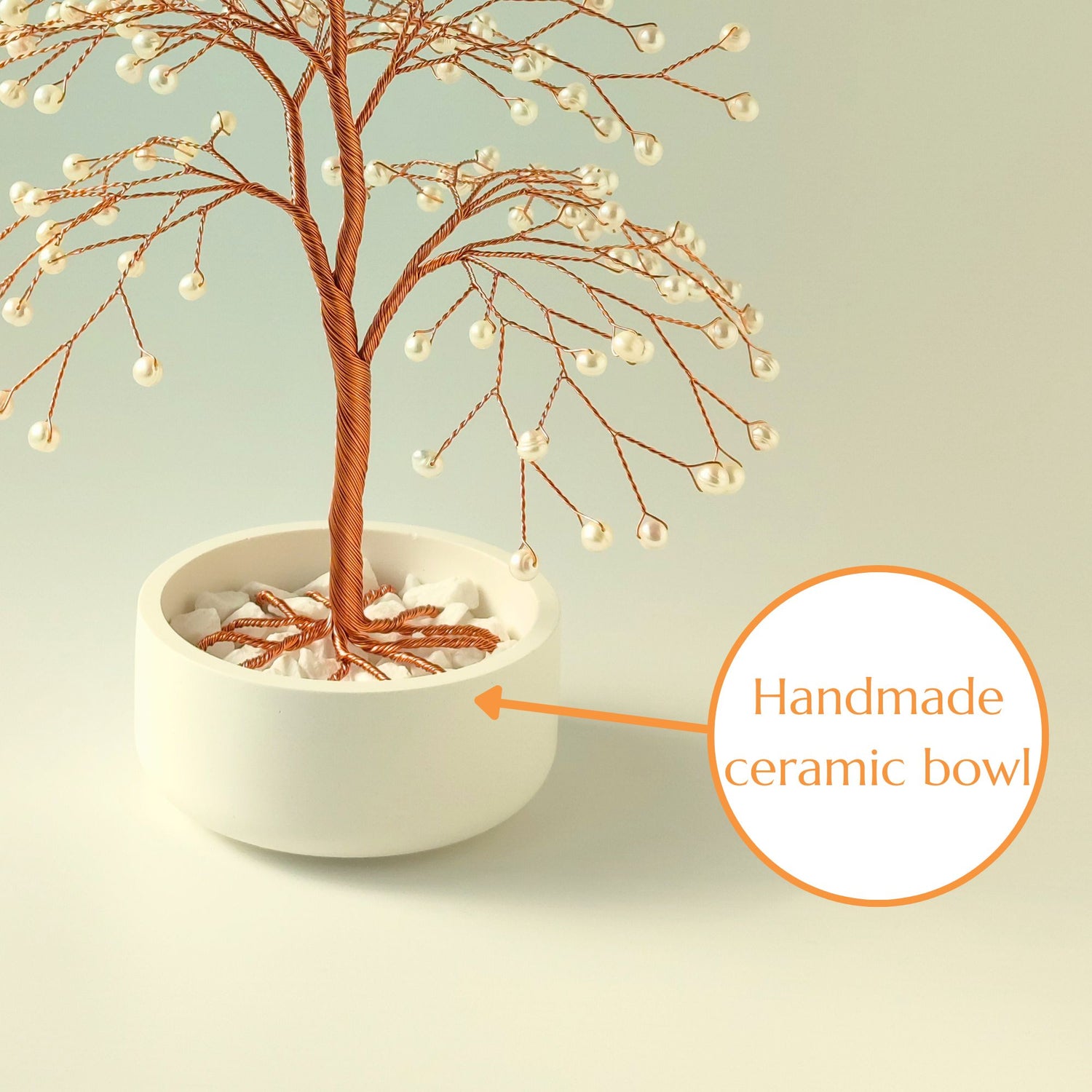 Glossy handmade ceramic bowl – white base for copper and pearl large tree sculpture