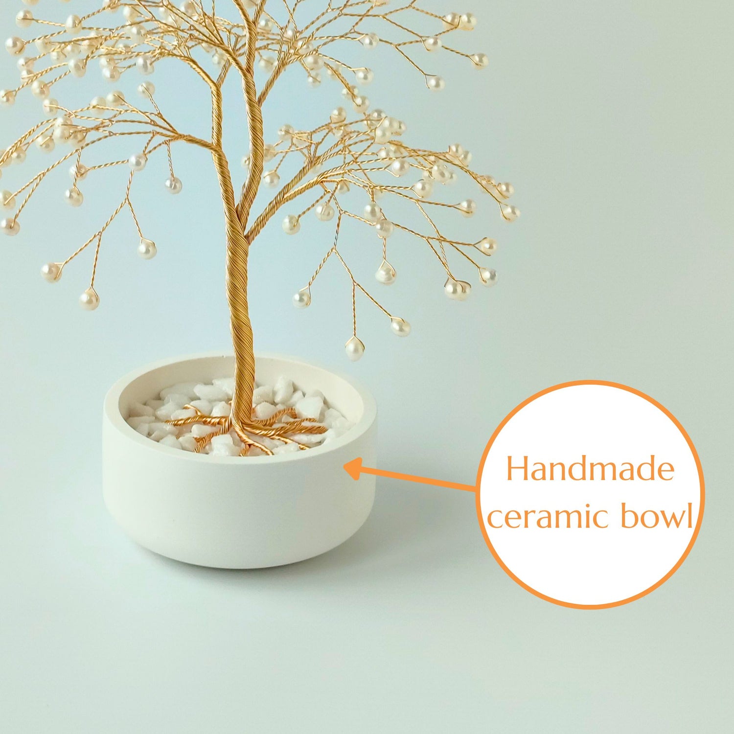 Glossy handmade ceramic bowl – white base for gold and pearl large tree sculpture