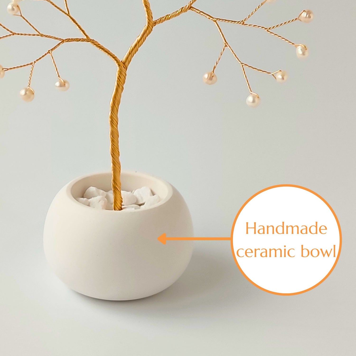 Glossy handmade ceramic bowl – white base for gold and pearl small tree sculpture