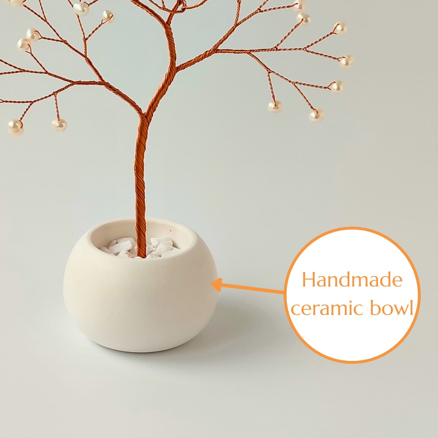 Glossy handmade ceramic bowl – white base for copper and pearl tree sculpture