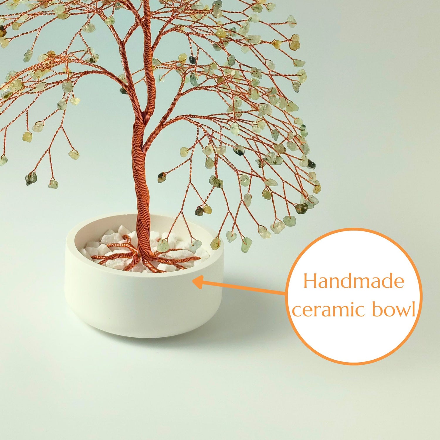 Glossy handmade ceramic bowl – white base for copper and prehnite large tree sculpture