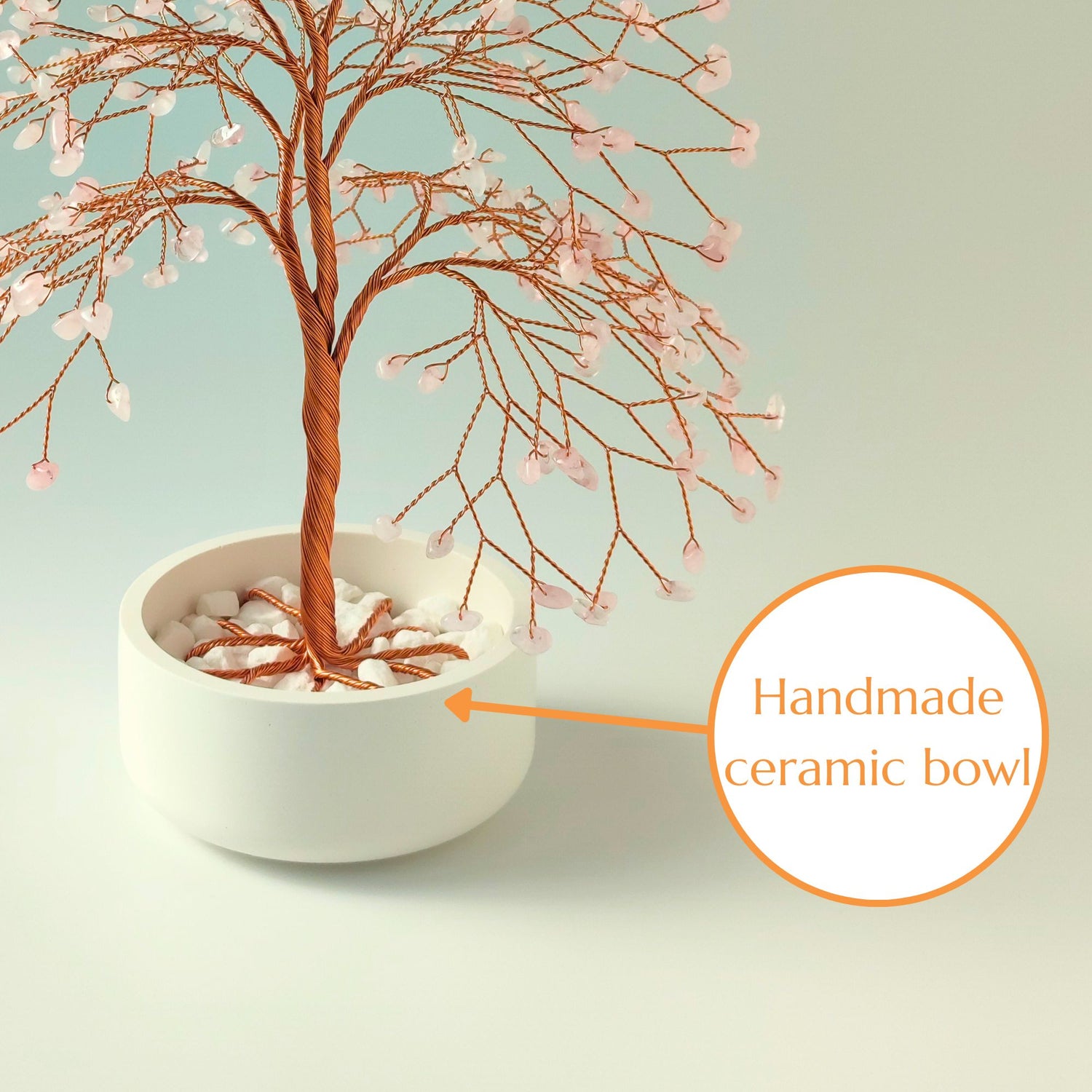 Glossy handmade ceramic bowl – white base for copper and rose quartz large tree sculpture