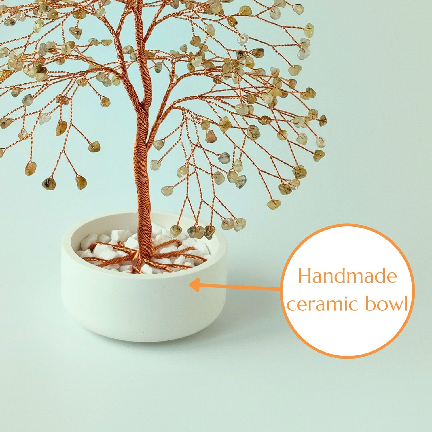 Glossy handmade ceramic bowl – white base for copper and rutilated quartz large tree sculpture
