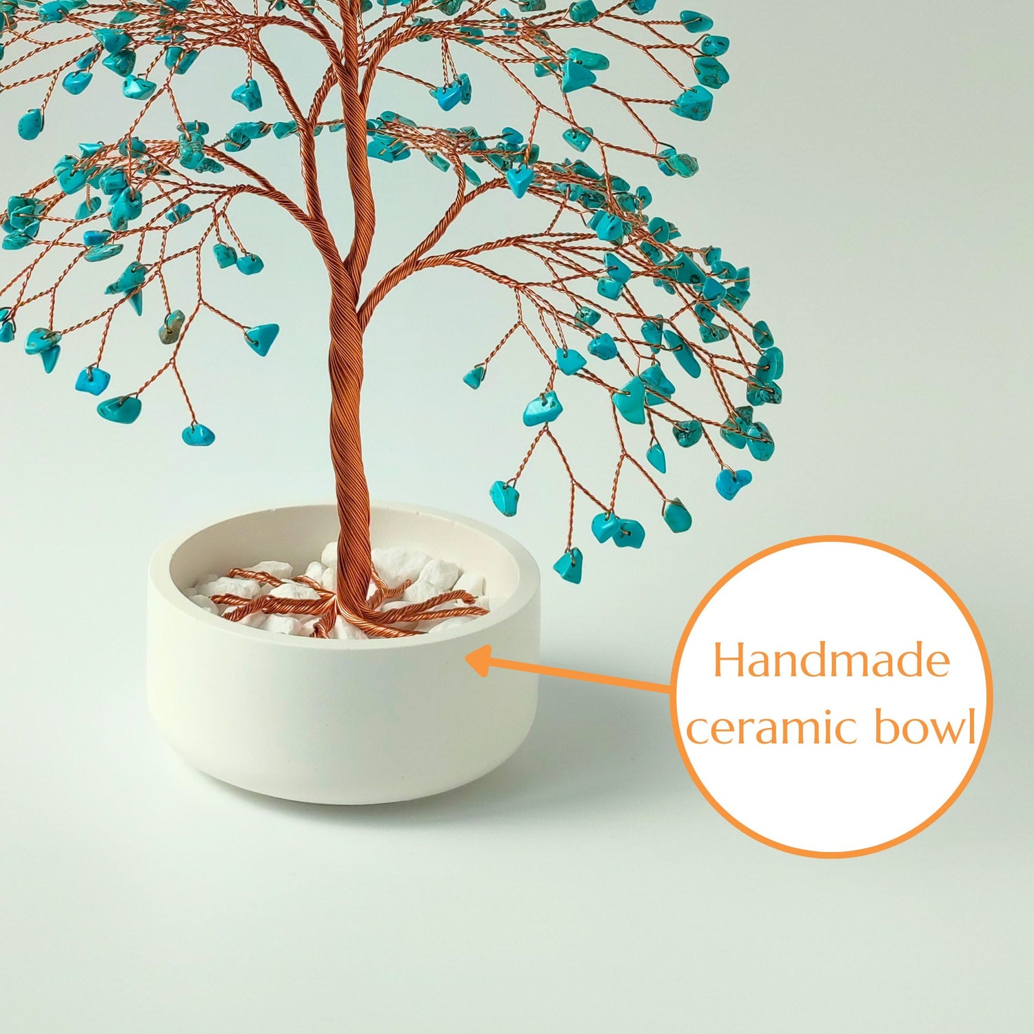 Glossy handmade ceramic bowl – white base for copper and turquoise large tree sculpture