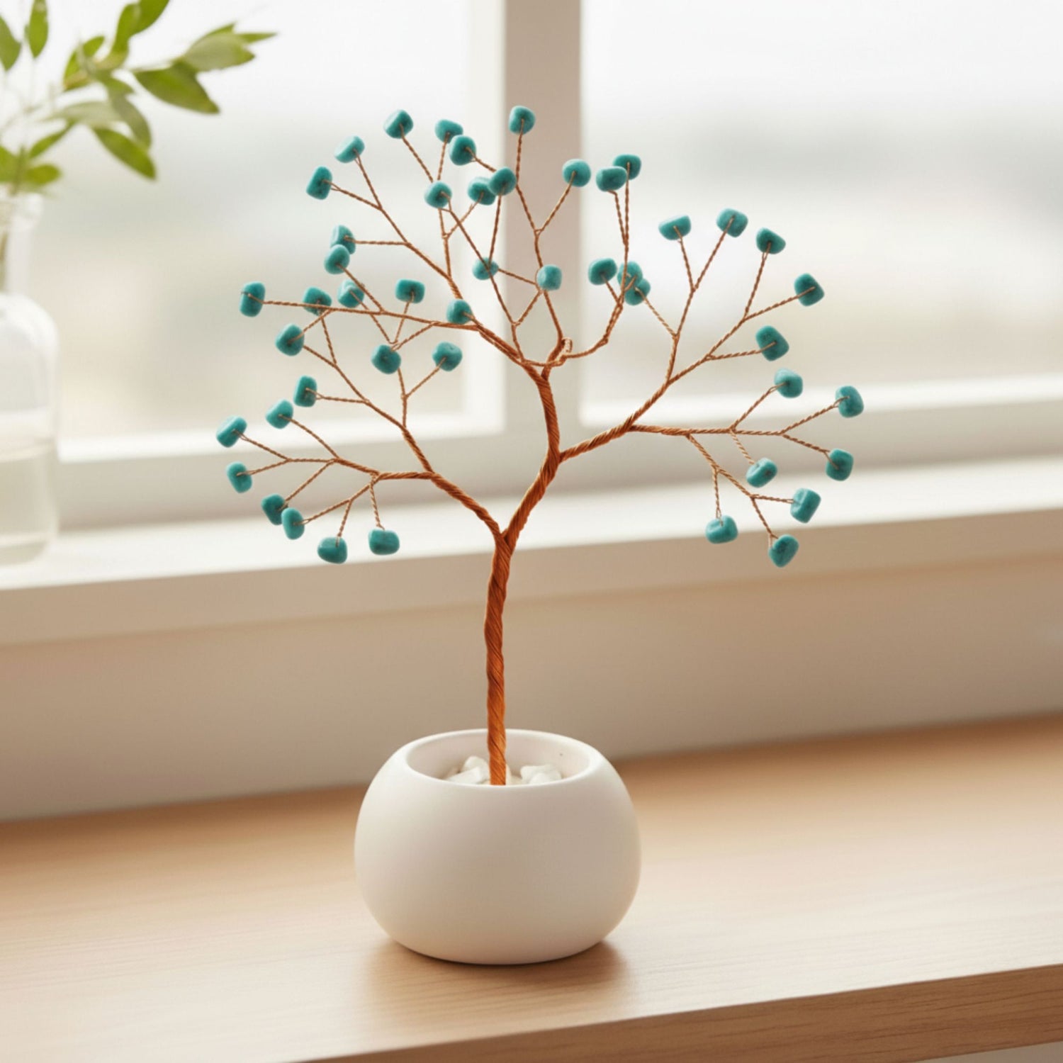 Small copper wire turquoise tree in ceramic bowl – handmade decorative art