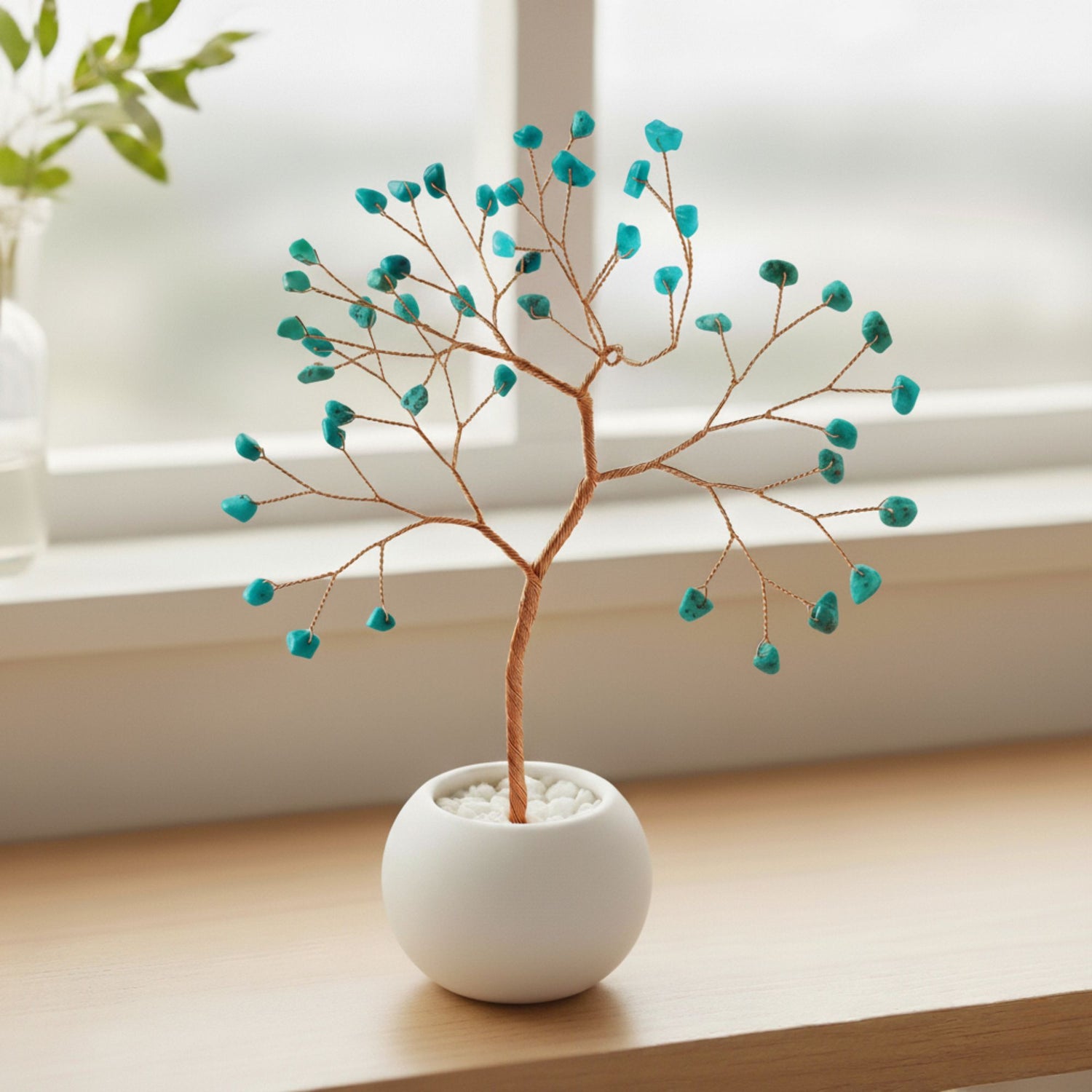 Small copper wire turquoise tree in ceramic bowl – handmade decorative art