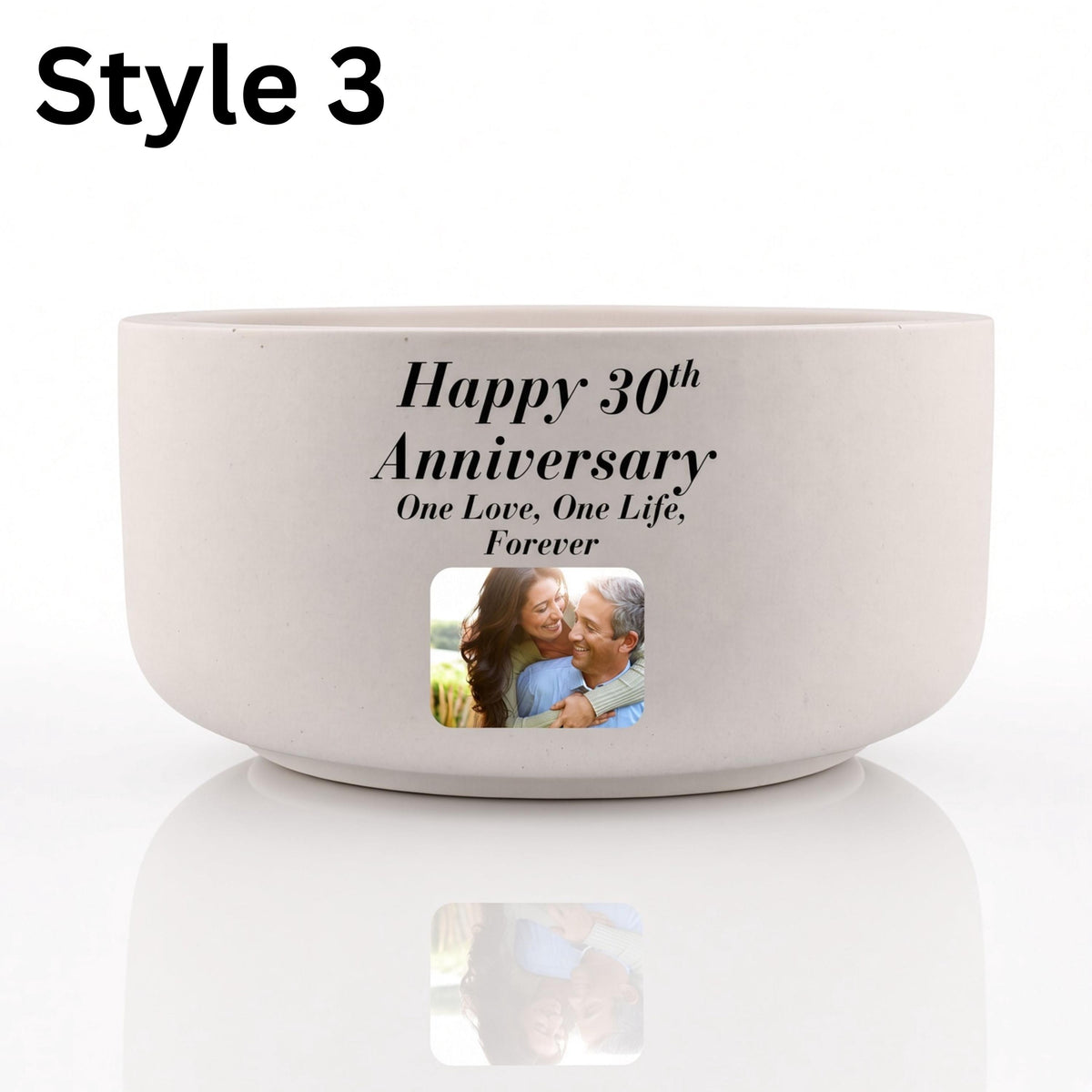 Personalization Style 3: white bowl with printed anniversary text and a medium photo of a couple