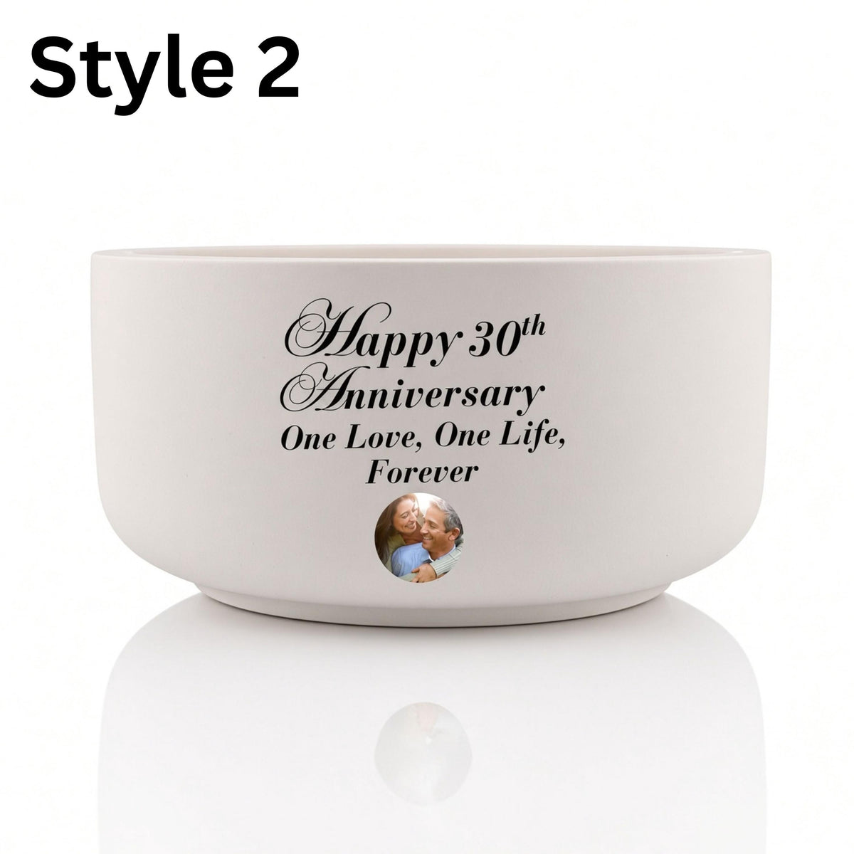 Personalization Style 2: white bowl with printed anniversary text and a small round photo of a couple