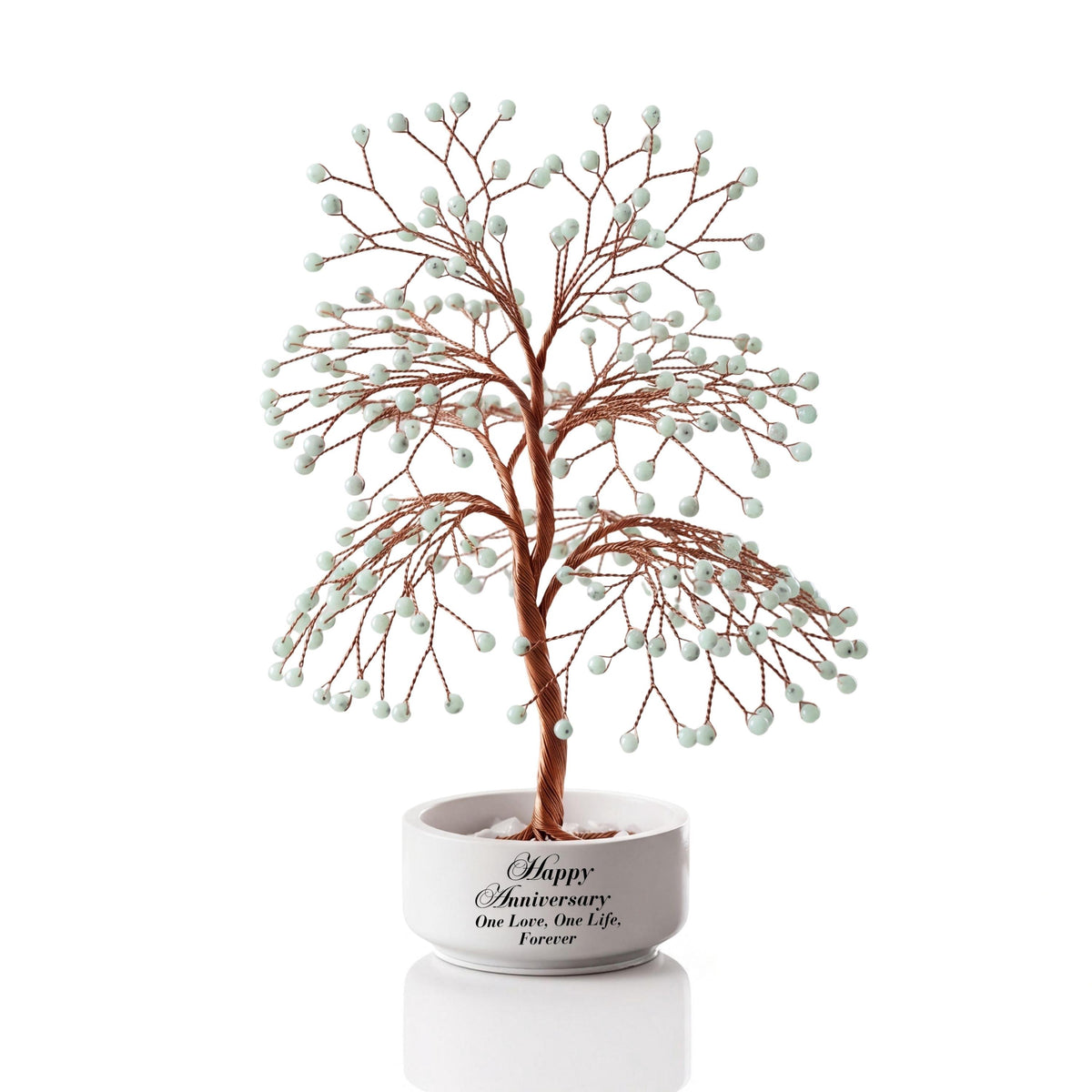Large handmade wire Tree of Life with polished mint green hemimorphite beads on copper wire, in a white round bowl printed with Happy Anniversary One Love, One Life, Forever