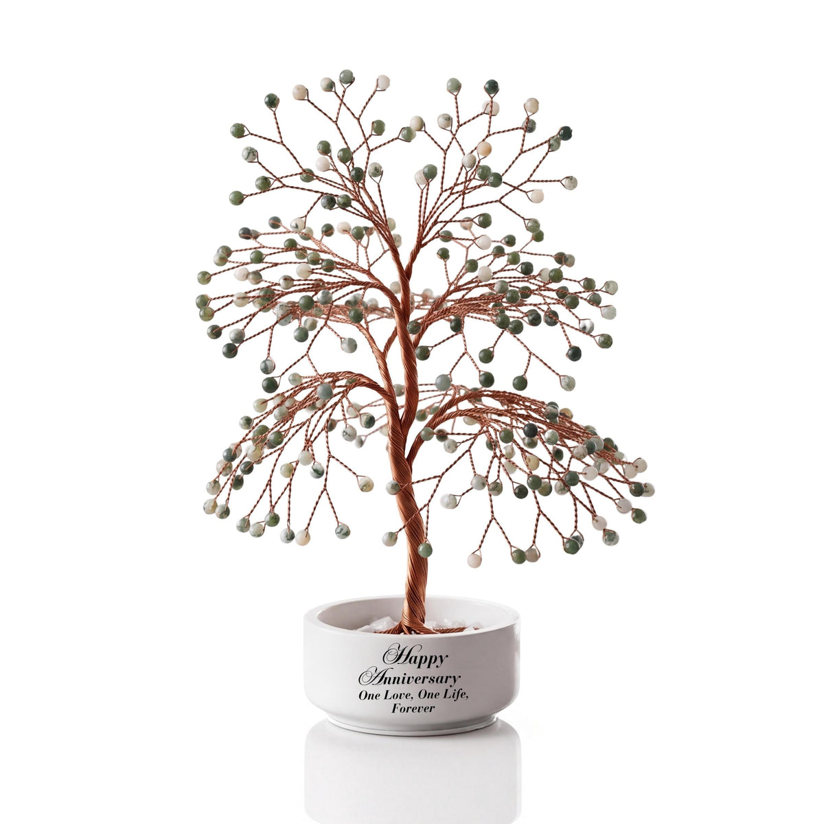 Large handmade wire Tree of Life with polished white and green tree agate beads on copper wire, in a white round bowl printed with Happy Anniversary One Love, One Life, Forever