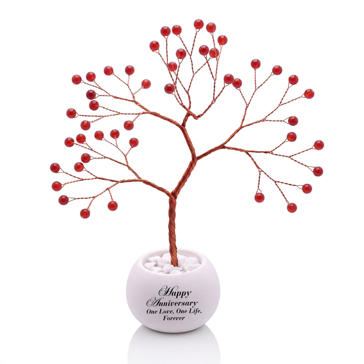 Small handmade wire Tree of Life with polished cherry red carnelian beads on copper wire, in a white round bowl printed with Happy Anniversary One Love, One Life, Forever