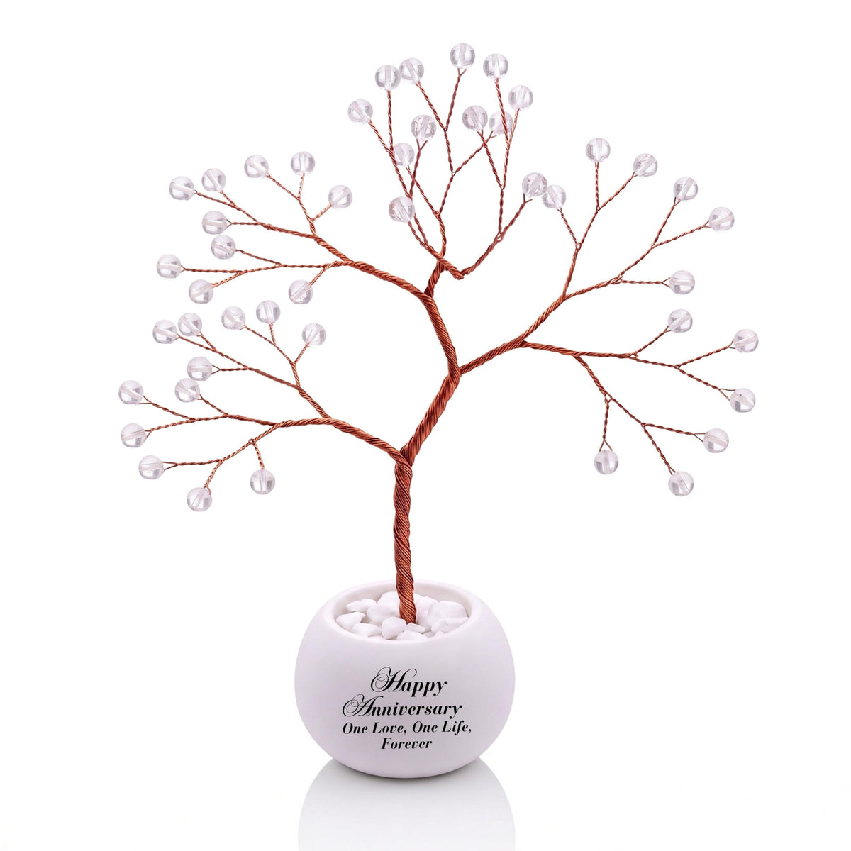 Small handmade wire Tree of Life with polished clear quartz beads on copper wire, in a white round bowl printed with Happy Anniversary One Love, One Life, Forever