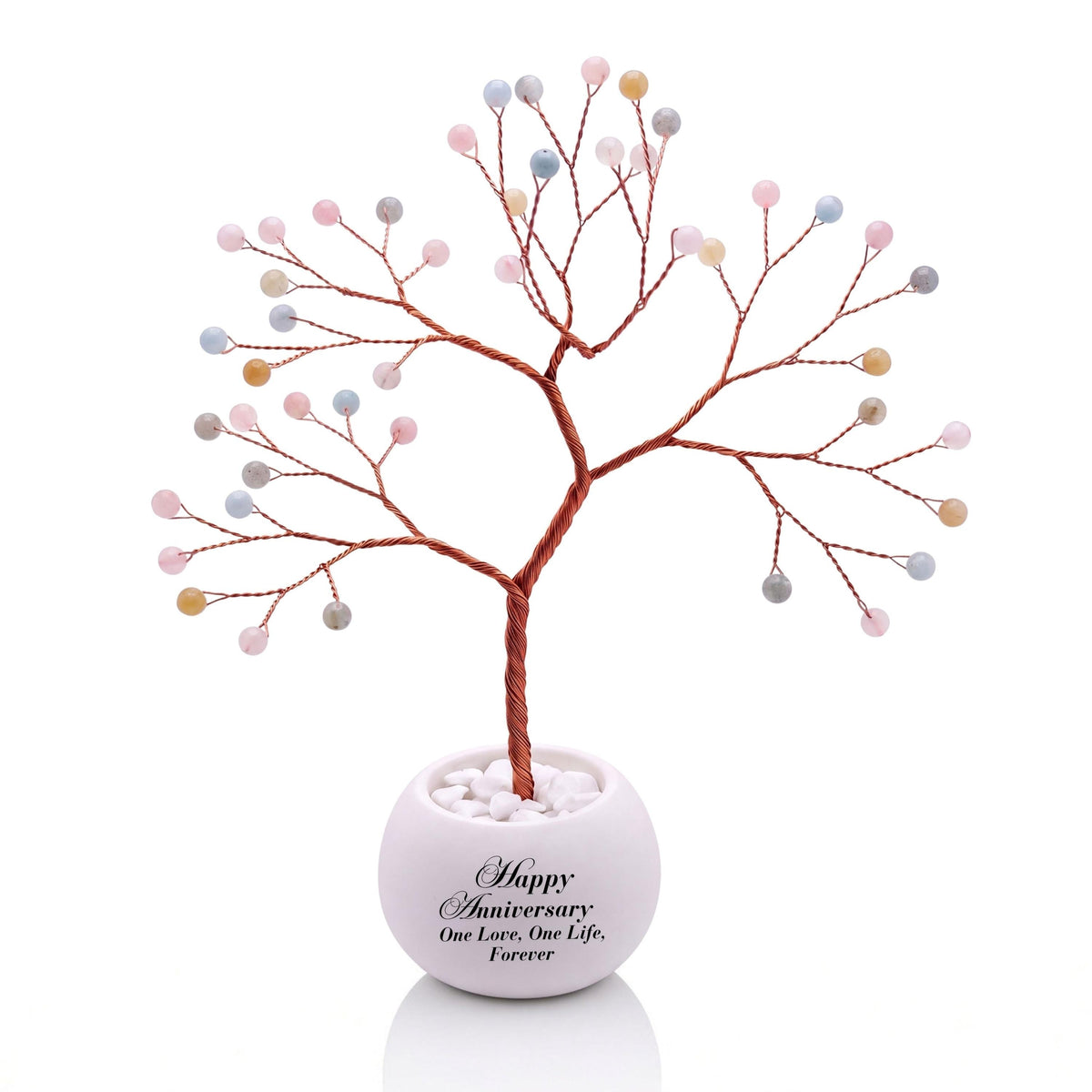 Small handmade wire Tree of Life with polished pastel pink, blue and honey beryl beads on copper wire, in a white round bowl printed with Happy Anniversary One Love, One Life, Forever