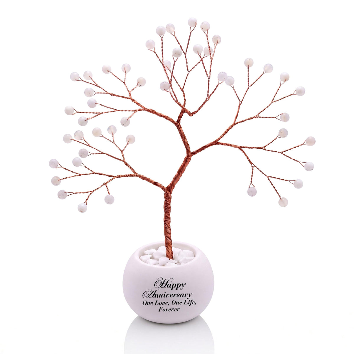 Small handmade wire Tree of Life with polished snowy white dendritic opal beads with black dots on copper wire, in a white round bowl printed with Happy Anniversary One Love, One Life, Forever