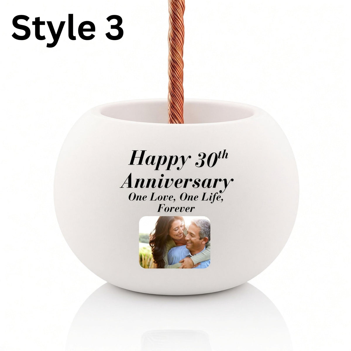 Personalization Style 3: white bowl with printed anniversary text and a medium photo of a couple